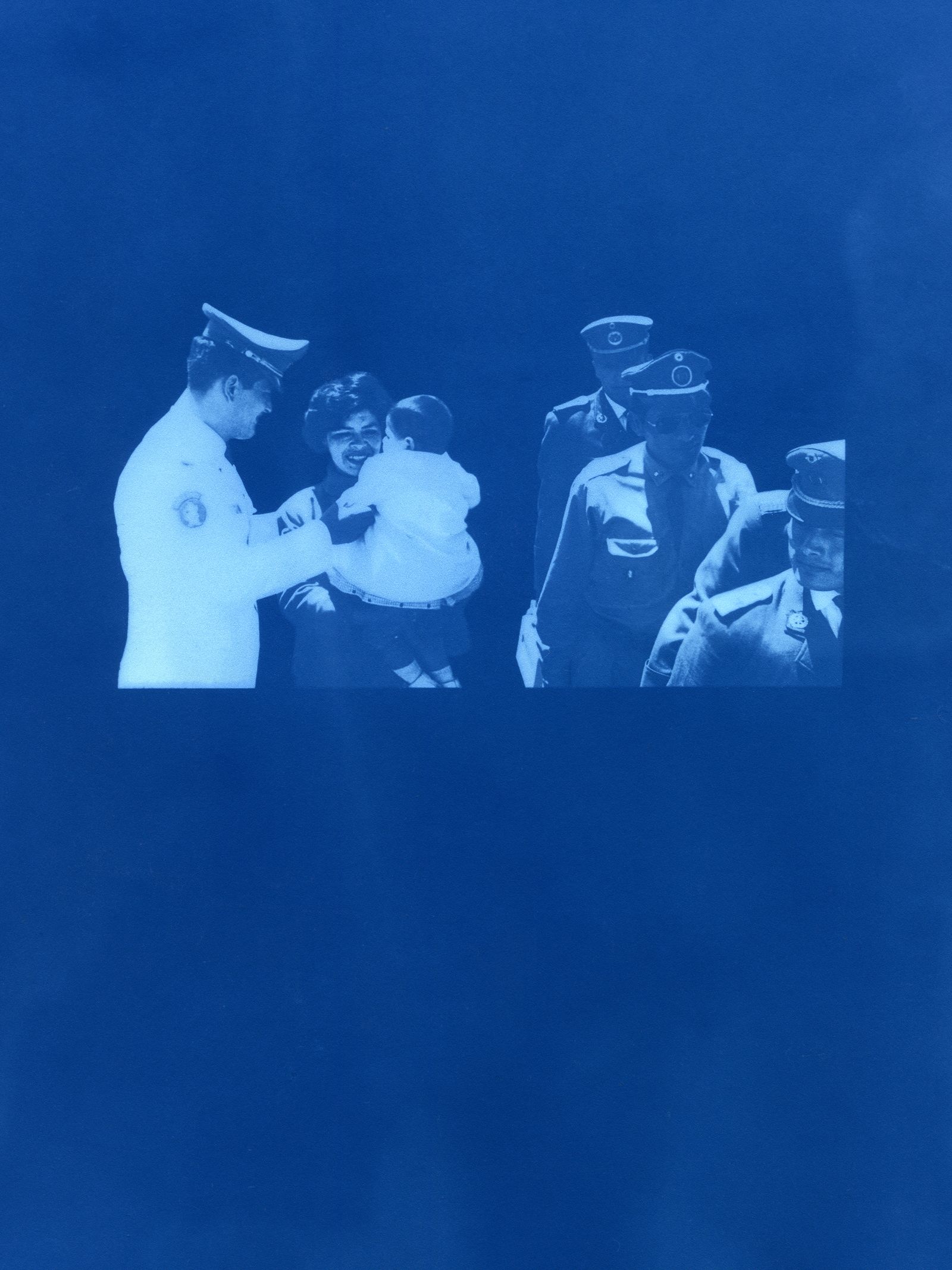 © Daniel Mebarek - BOLIVIA. La Paz. 1964. My grandmother holds my mother, Varinia, as police officers exit from a bus. Cyanotype on mat paper.