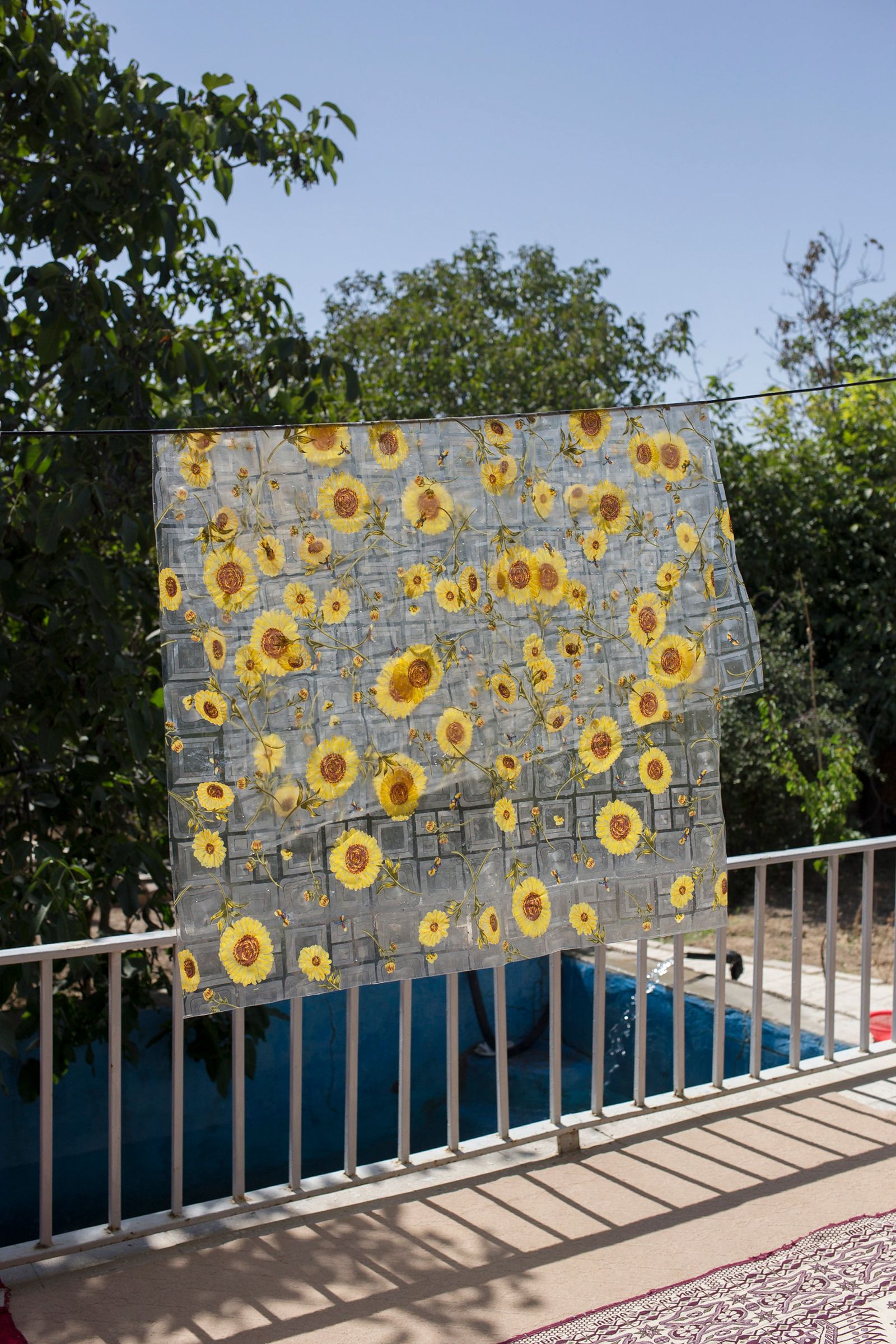 © Parisa Azadi - SEPTEMBER 1, 2018 - A plastic tablecloth hangs on a clothesline as it dries in the sun in village of Chenar, Iran.