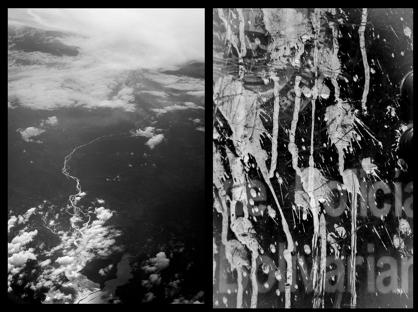 © Fabiola Ferrero - On the left, an aerial view of Venezuela. On the right, a police shield with painting thrown by protesters.