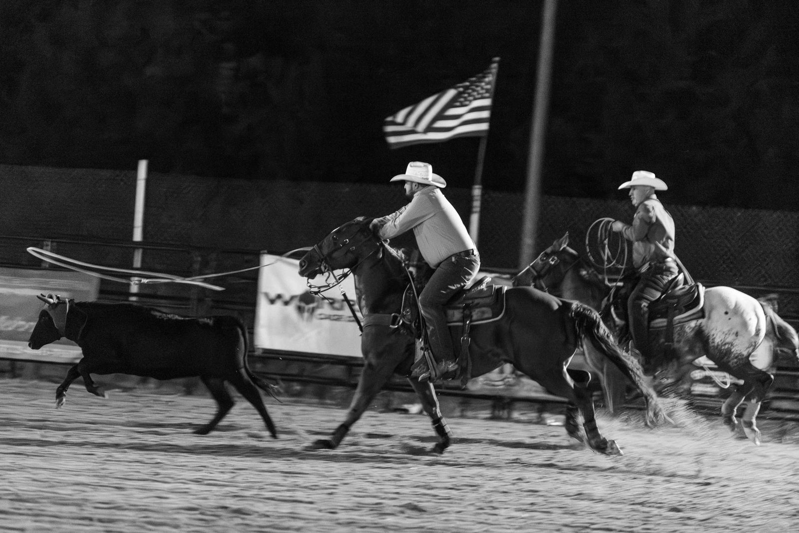 © Rian Nelson - Two cowboys chase after a steer, the goal to get one rope around its head or horns and another around its back leg.