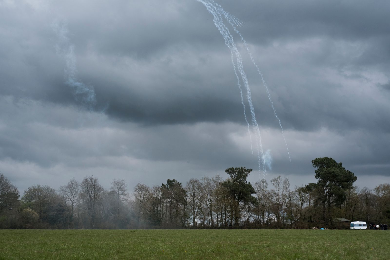 © Penelope Thomaidi - Teargas falling over the fields of the ZAD of Notre Dame des Landes, France, April 9th, 2018.