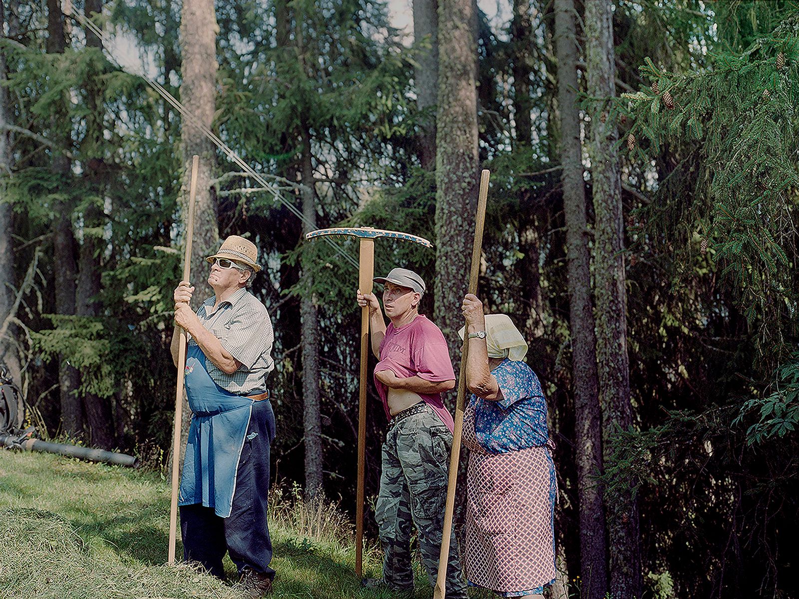 © Claudia Mann - Emilo, Heinrich and Monica Pallestrong take stock of how to rake hay on their property.