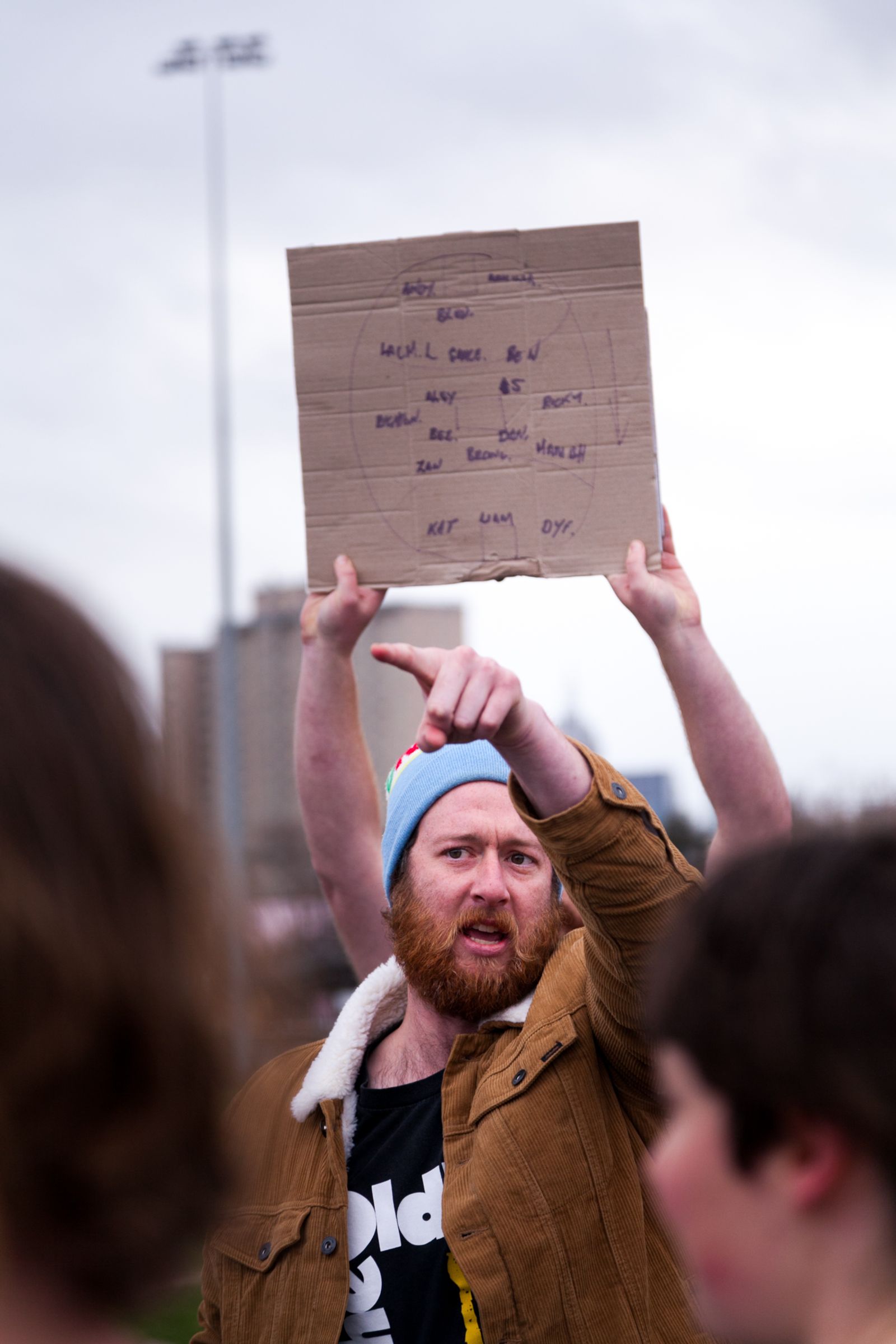 © J Forsyth - Coach talks to the players with the team being held up behind. The team is written on the inside of a beer carton