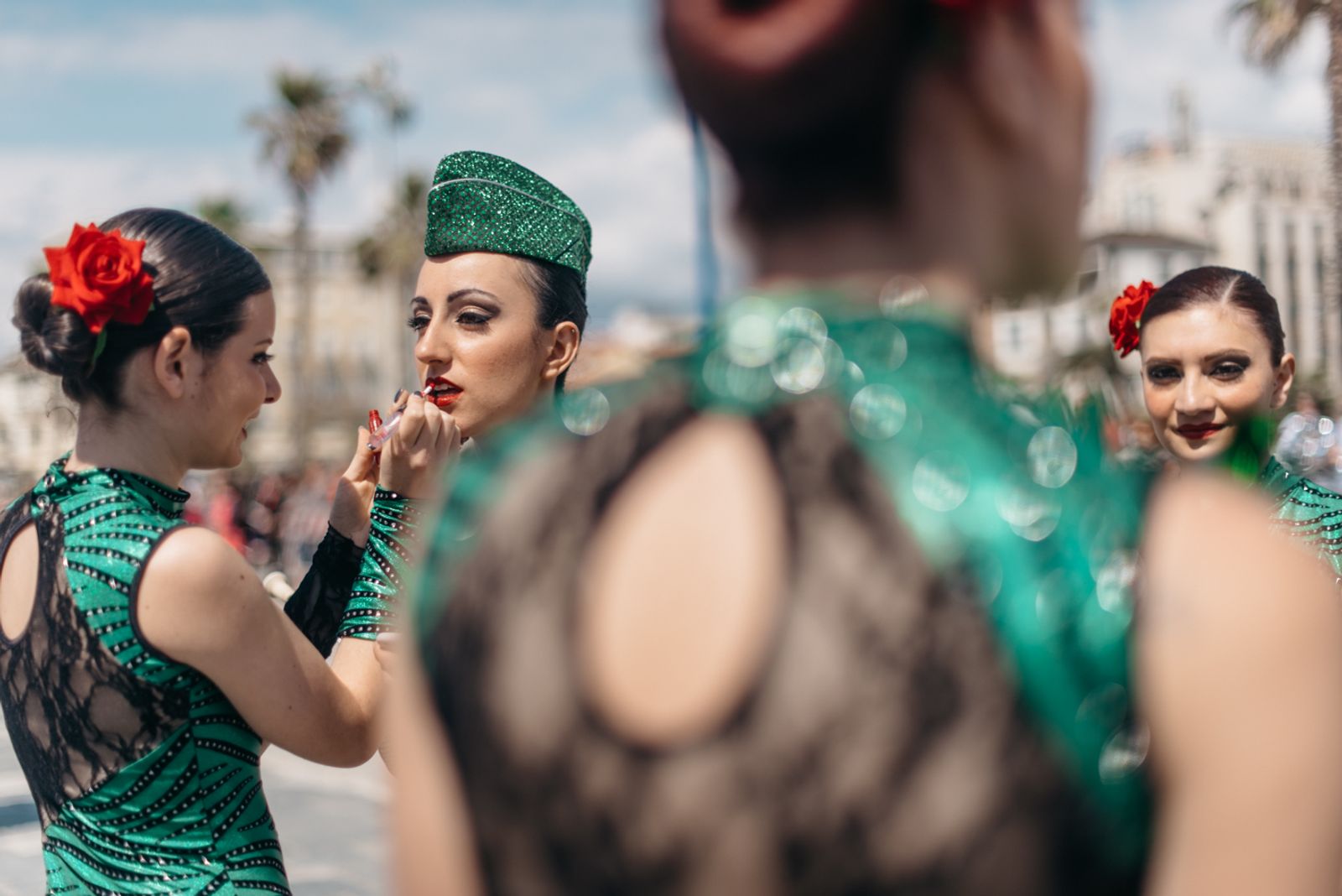 © Agnese Morganti - Viareggio, 2017. Majorettes helping each other to put finishing touches to their make-up.