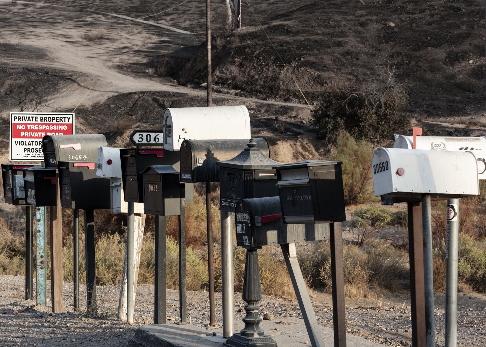 © Anastasia Samoylova - Mailboxes on a private road burnt down in Tick Fire. Santa Clarita, CA