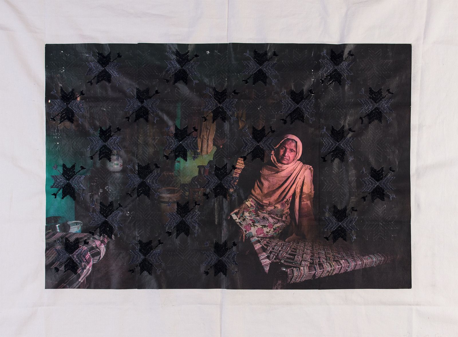 © Spandita Malik - Lakhbir Kaur Size: 41 x 39 inch Medium:Heat transfer print on Khaddar Fabric, Phulkari Silk thread embroidery