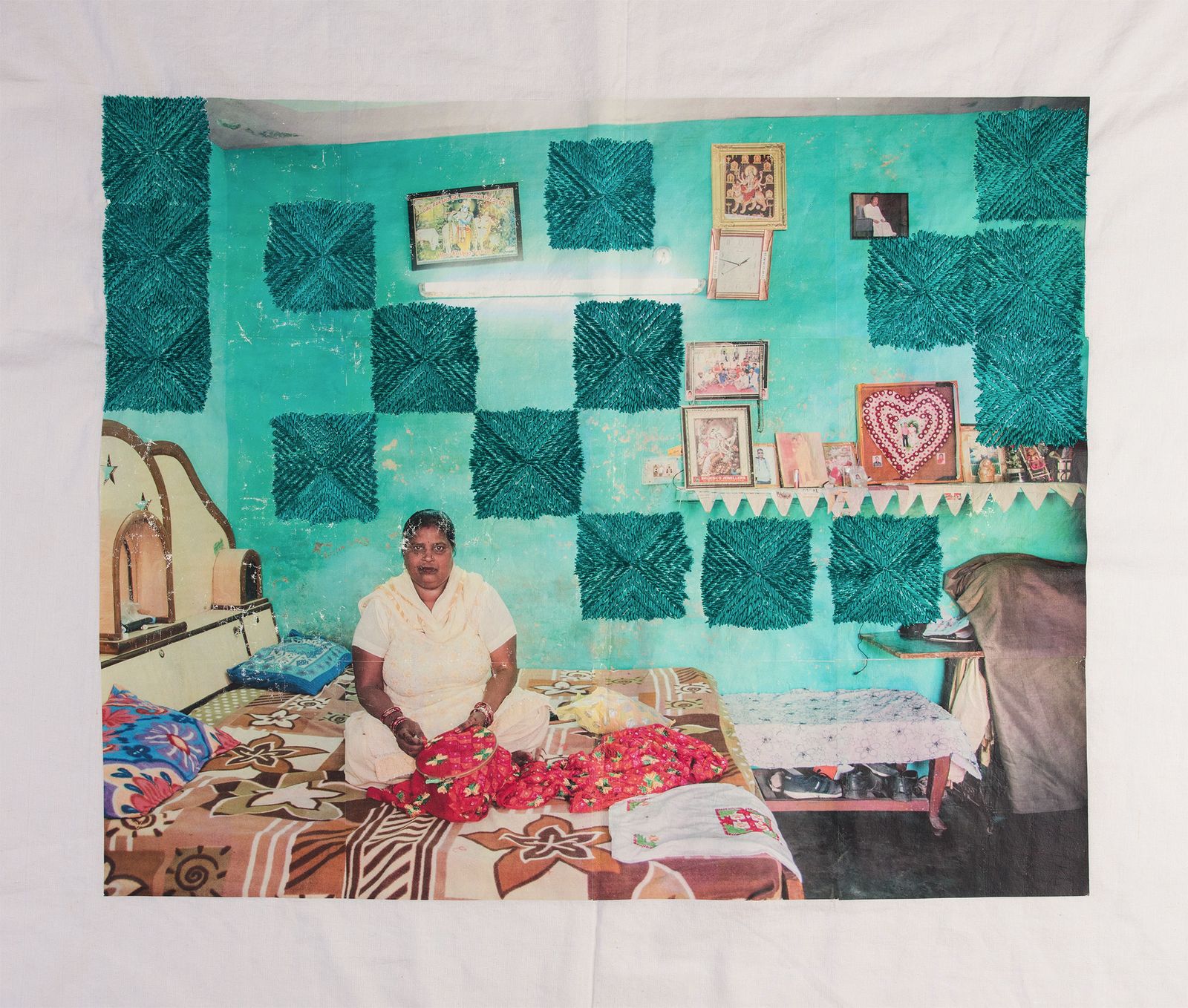 © Spandita Malik - Radha Rani Size: 41.5 x 44 inch Medium: Heat transfer print on Khaddar Fabric, Phulkari Silk thread embroidery
