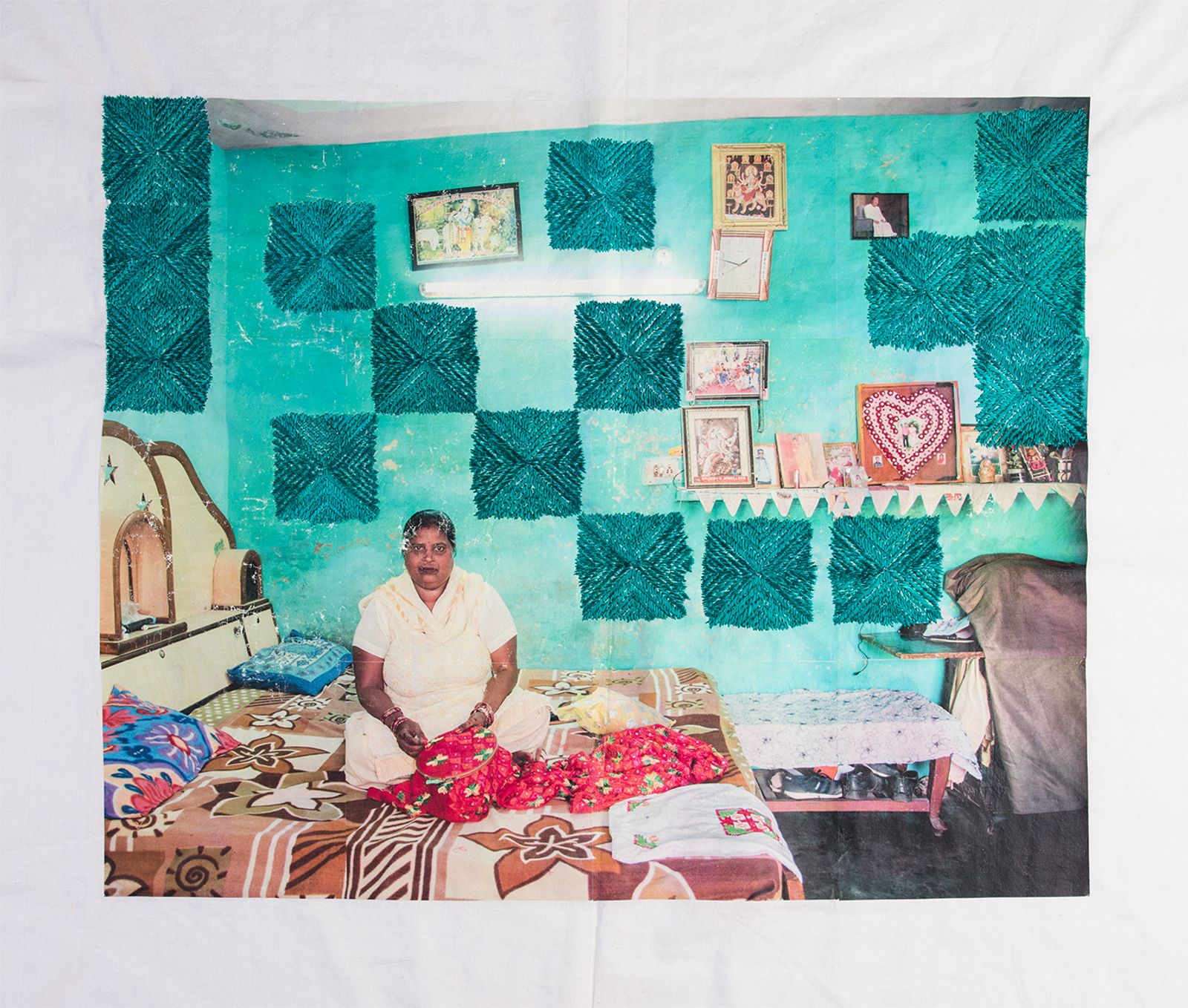 © Spandita Malik - Radha Rani 2019 Medium: Photographic transfer print on Khaddar Fabric, Phulkari Silk thread embroidery Size: 44 x 41.5 inch