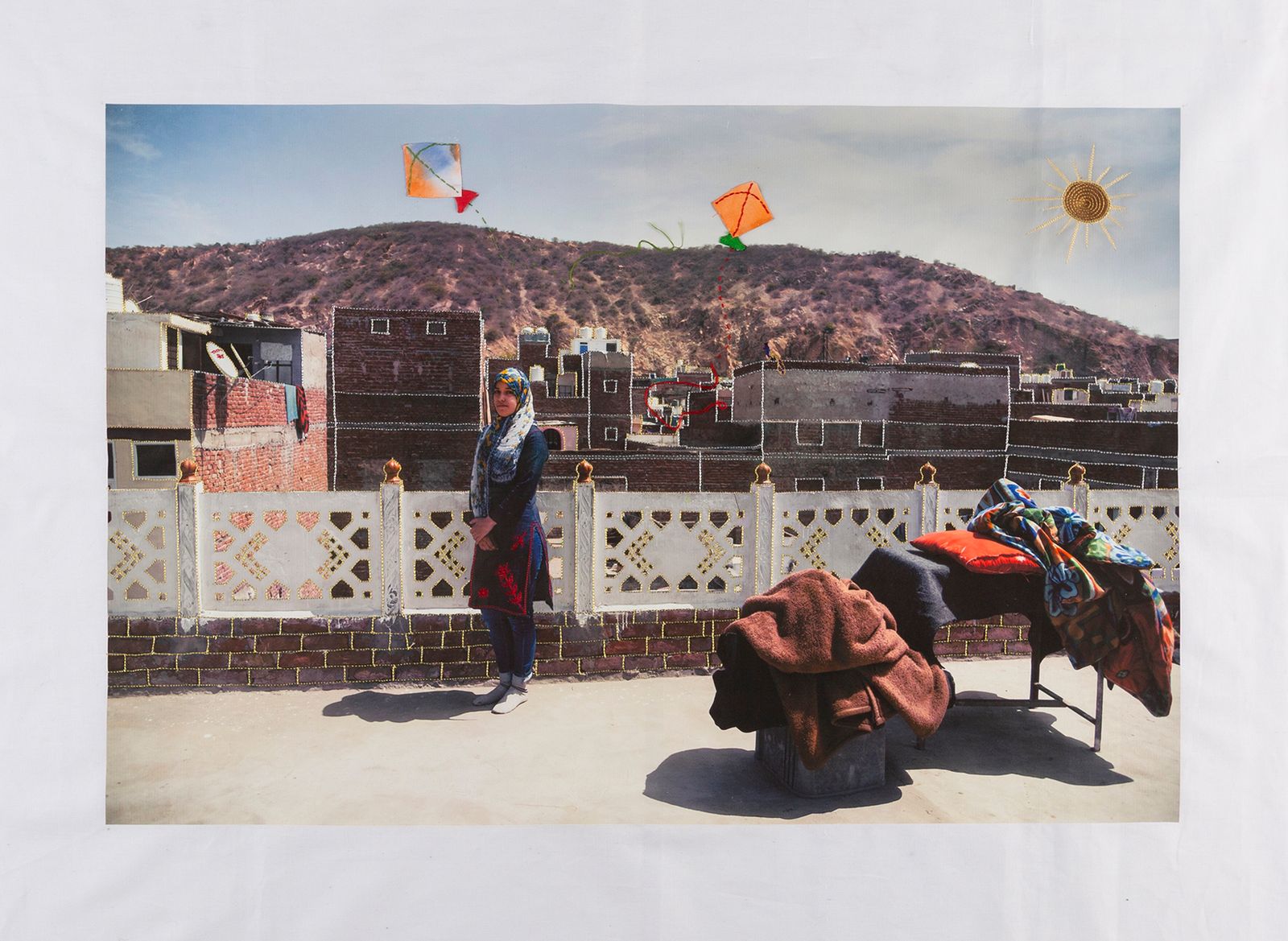 © Spandita Malik - Saayma 2020 Medium: Photographic Transfer Print on Khadi, Zardozi Embroidery, Appliqué Size: 33 x 22 inch