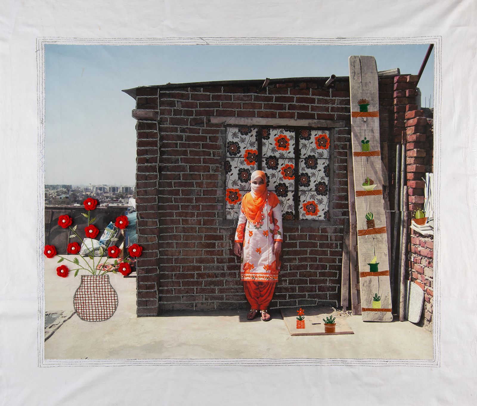 © Spandita Malik - Aayesha 2020 Medium: Photographic Transfer Print on Khadi, Embroidery, Crochet Size: 46.5 x 38 inch