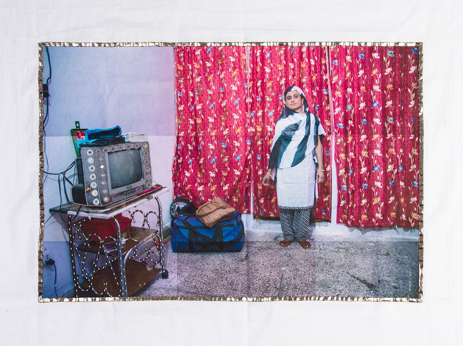 © Spandita Malik - Firoza 2019 Medium: Photographic Transfer Print on Khadi, Gotta Patti and Mirror Embroidery Size: 33 x 23 inch