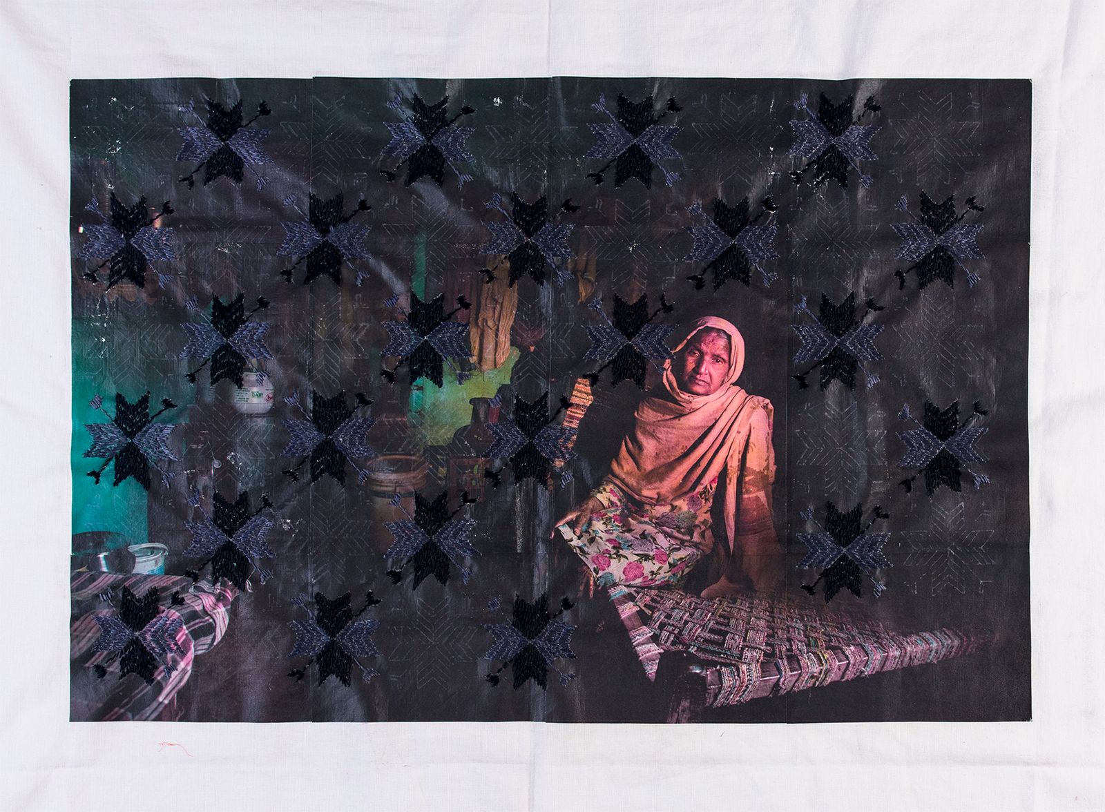 © Spandita Malik - Lakhbir Kaur 2019 Medium:Photographic transfer print on Khaddar Fabric, Phulkari Silk thread embroidery Size: 41 x 39 inch