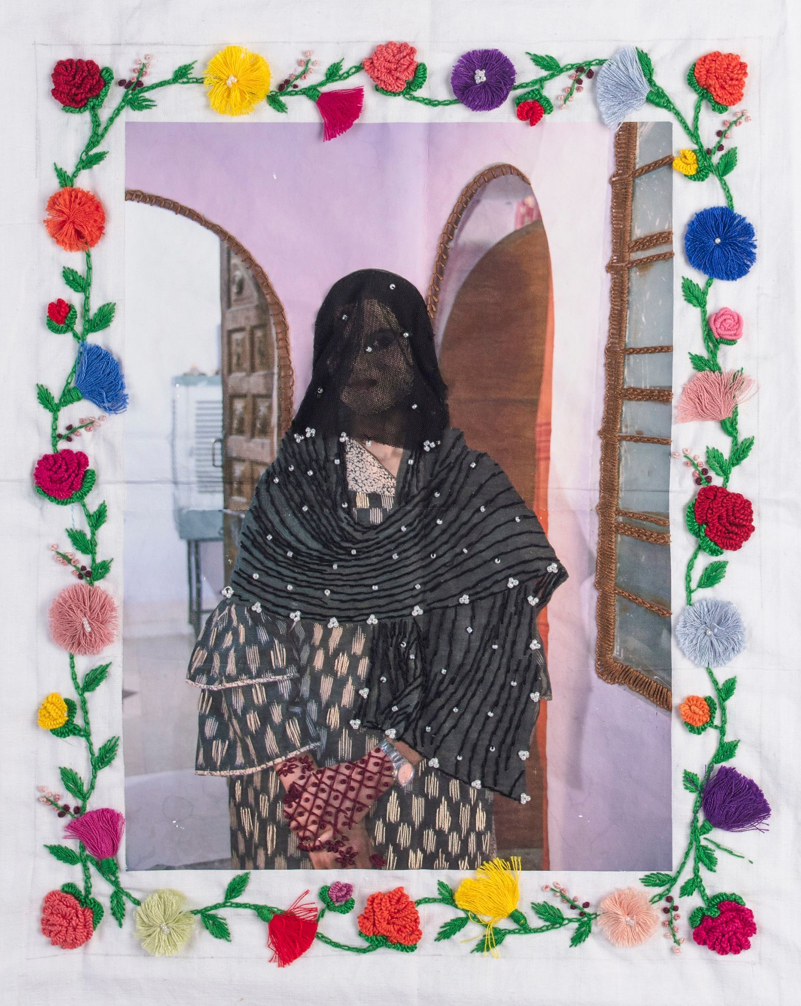 © Spandita Malik - Fozia 2019 Medium: Photographic Transfer Print on Khadi, Embroidery Size: 19 x 23 inch