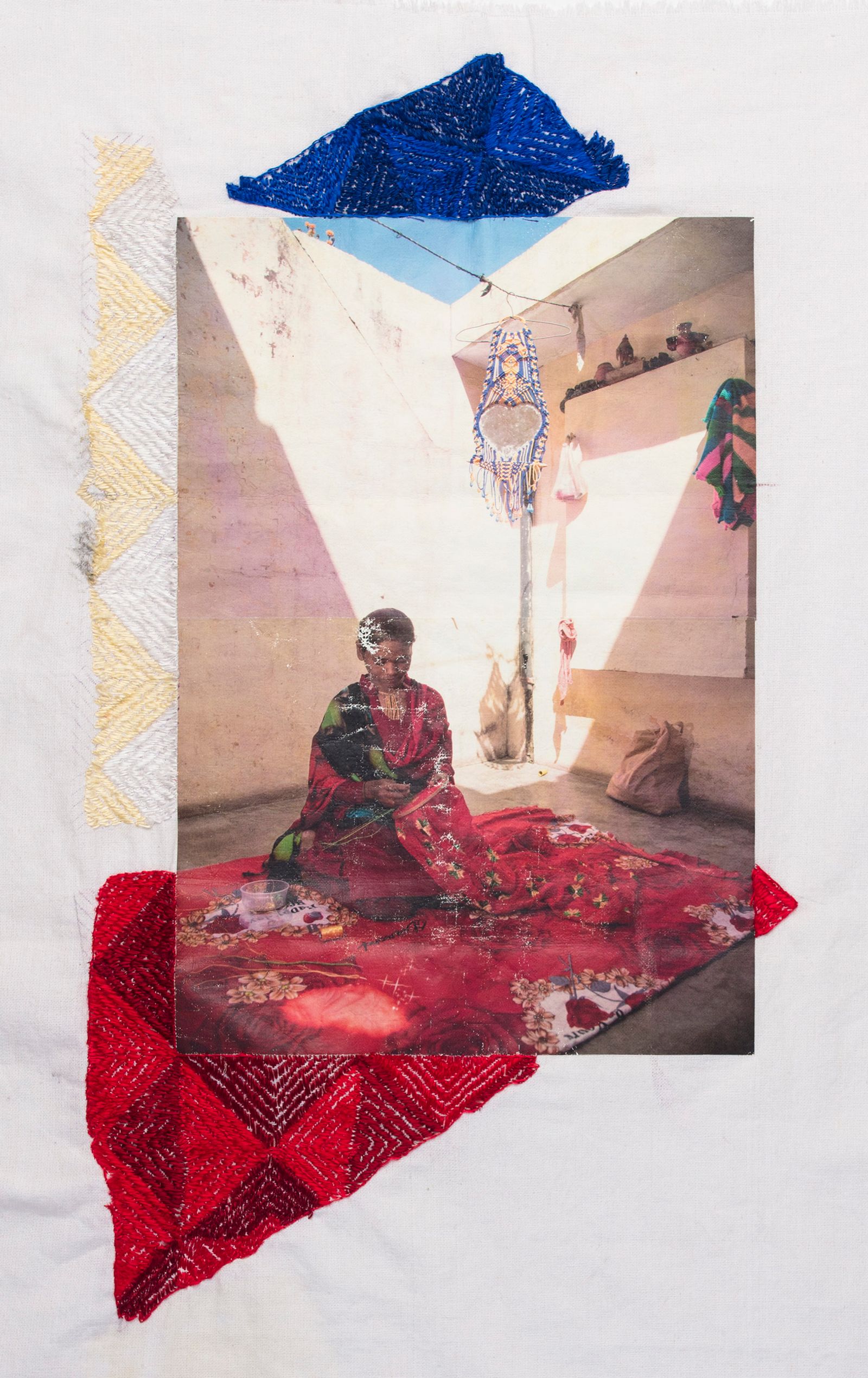 © Spandita Malik - Rajni Mehra 2019 Medium: Photographic transfer print on Khaddar Fabric, Phulkari Silk thread embroidery Size: 19.5 x 34 inch