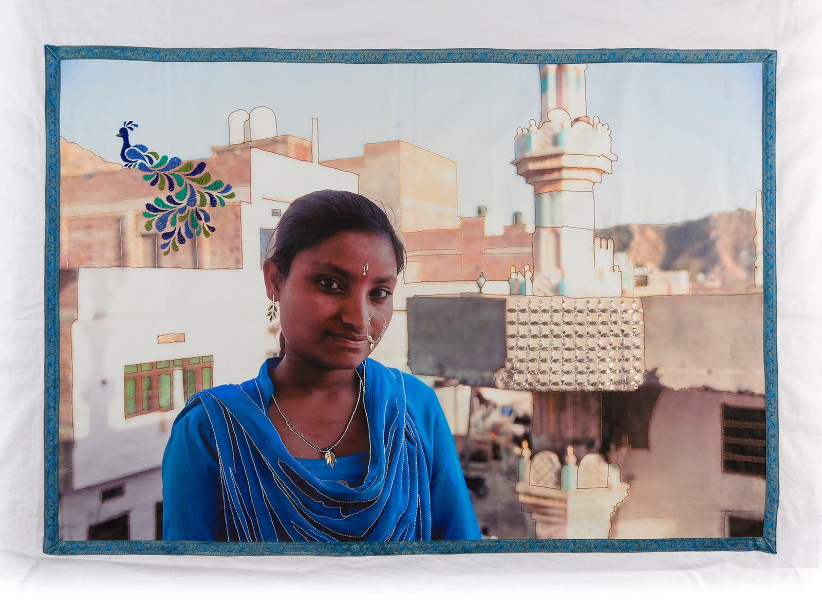 © Spandita Malik - Anjali 2020 Medium: Photographic Transfer Print on Khadi, Gotta Patti and Zardozi Embroidery Size: 45 x 31 inch