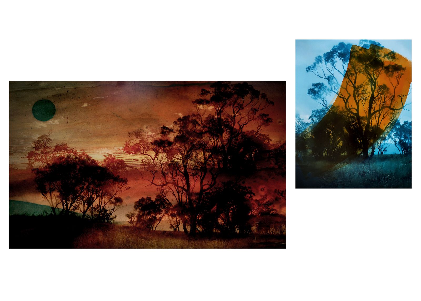 © Aletheia Casey - Image on left: Reimagined landscape, Bathurst (Wiradjuri land).Image on right: Bathurst landscape, painted with ink.