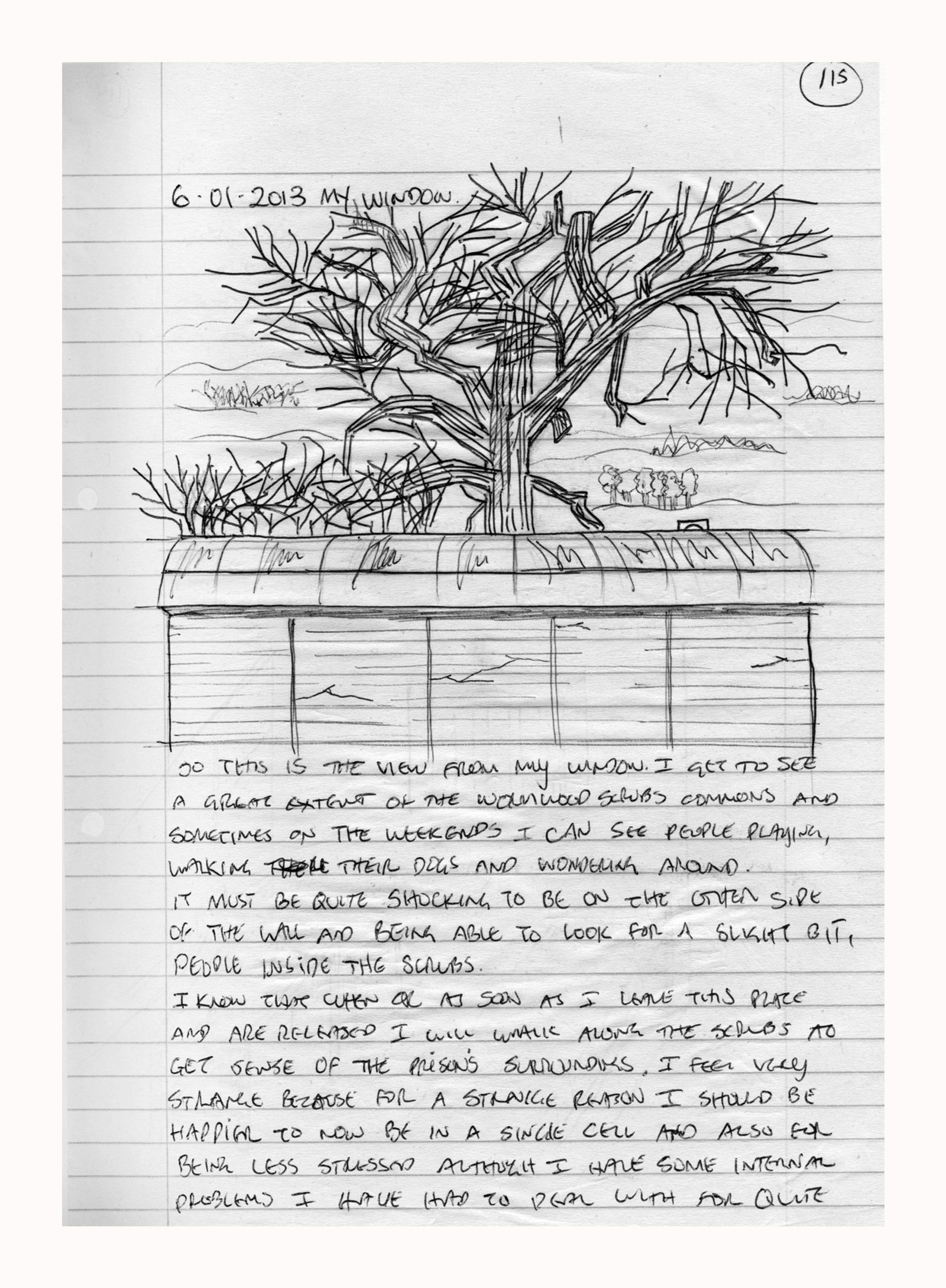 © Roxana and Pablo Allison - Diary, Tree sketch from cell window, Wormwood Scrubs, 2012