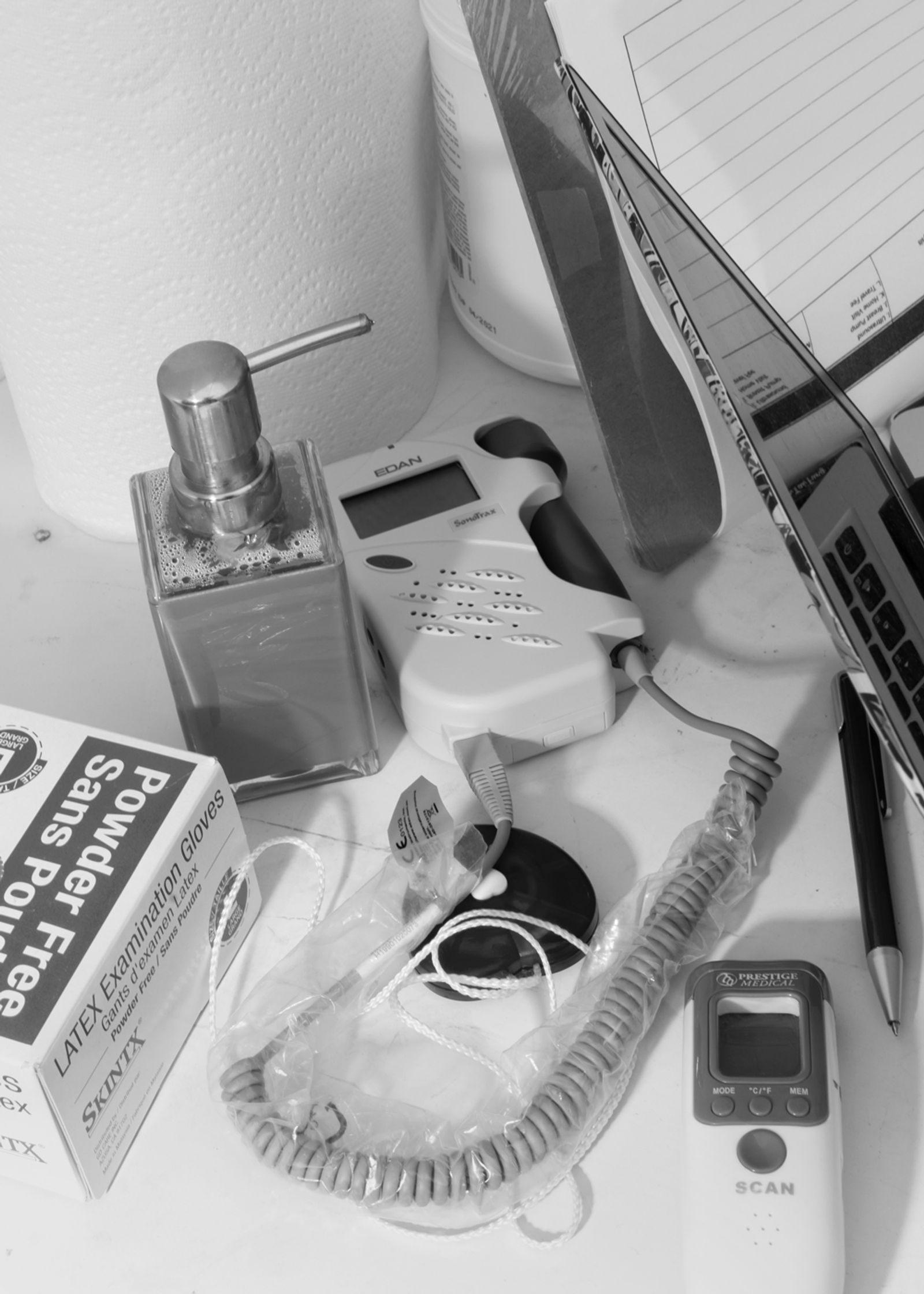 © Maggie Shannon - Gloves, hand sanitizer and a doppler at the New Life Midwifery in Arcadia, California.