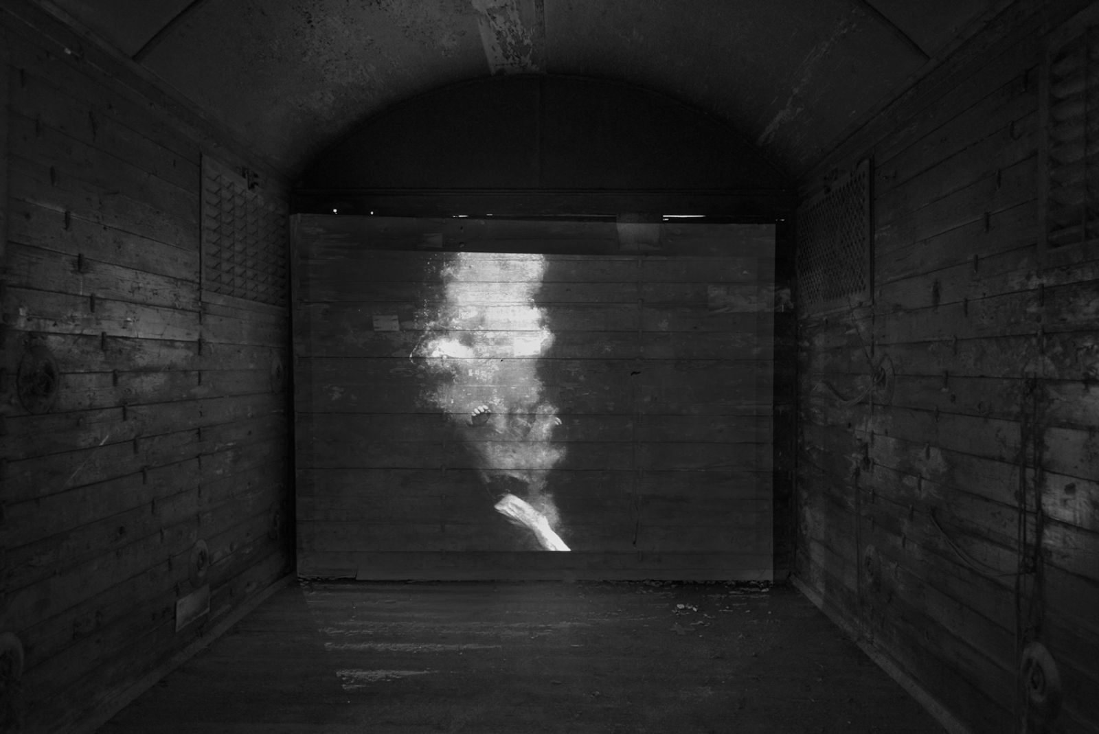 © Renee Revah - Holocaust Train My father diving in the deep water's, projected on the wagon wall.