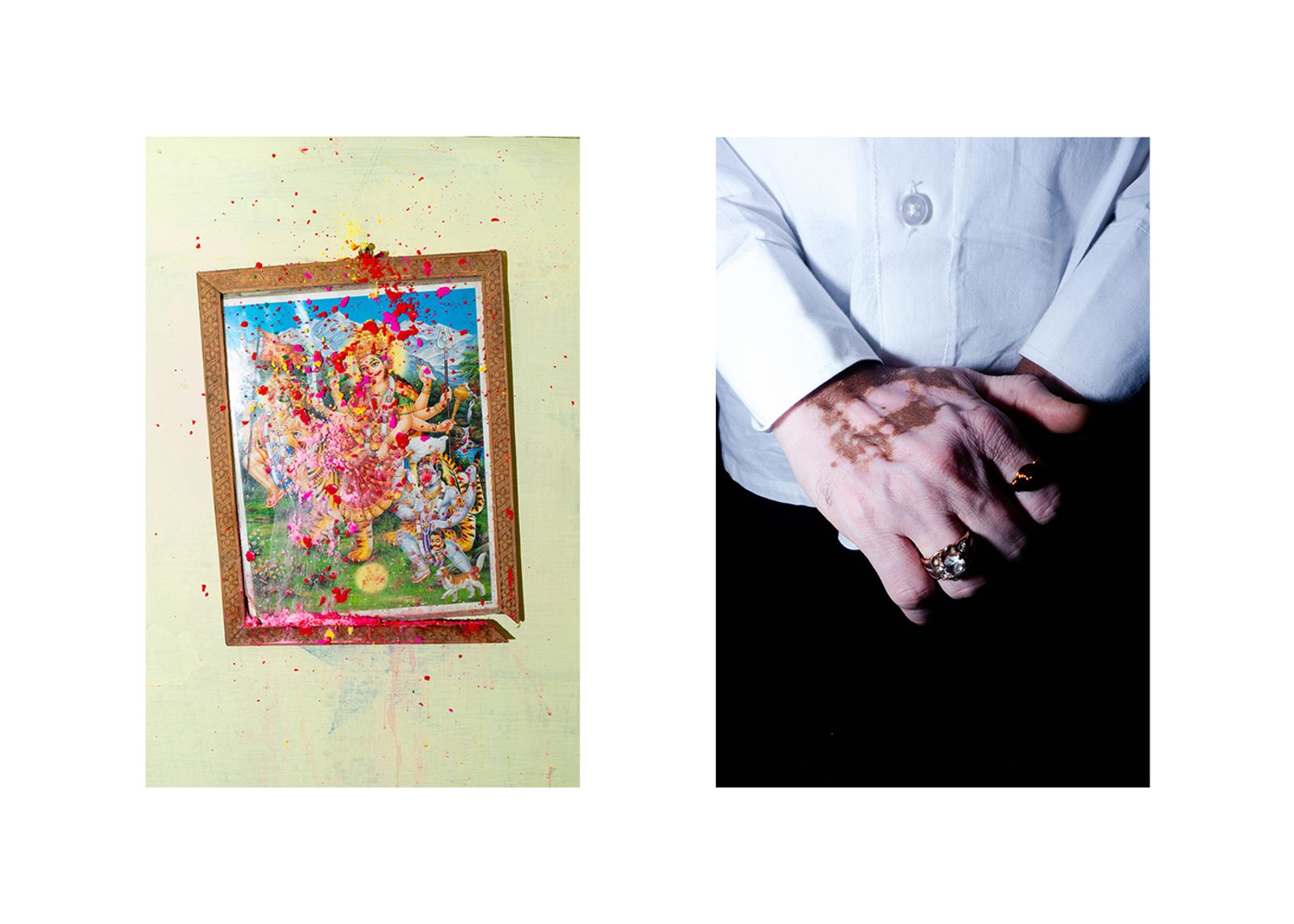 © Kanrapee Chokpaiboon - A. A picture of a Hindu goddess. Where people come to splash color powder during Holi festival. B. A person's hand.