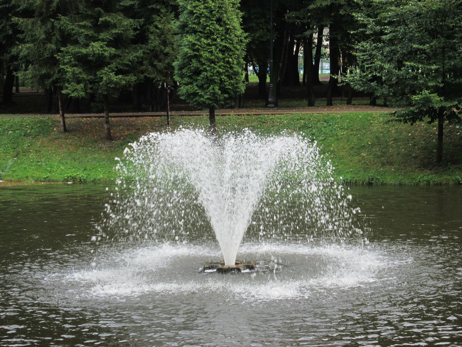 © Andrei  Kolyaskin - Fountain  on  the  pond  of  central  park  of  Ivano - Frankivsk  City , Ukraine .