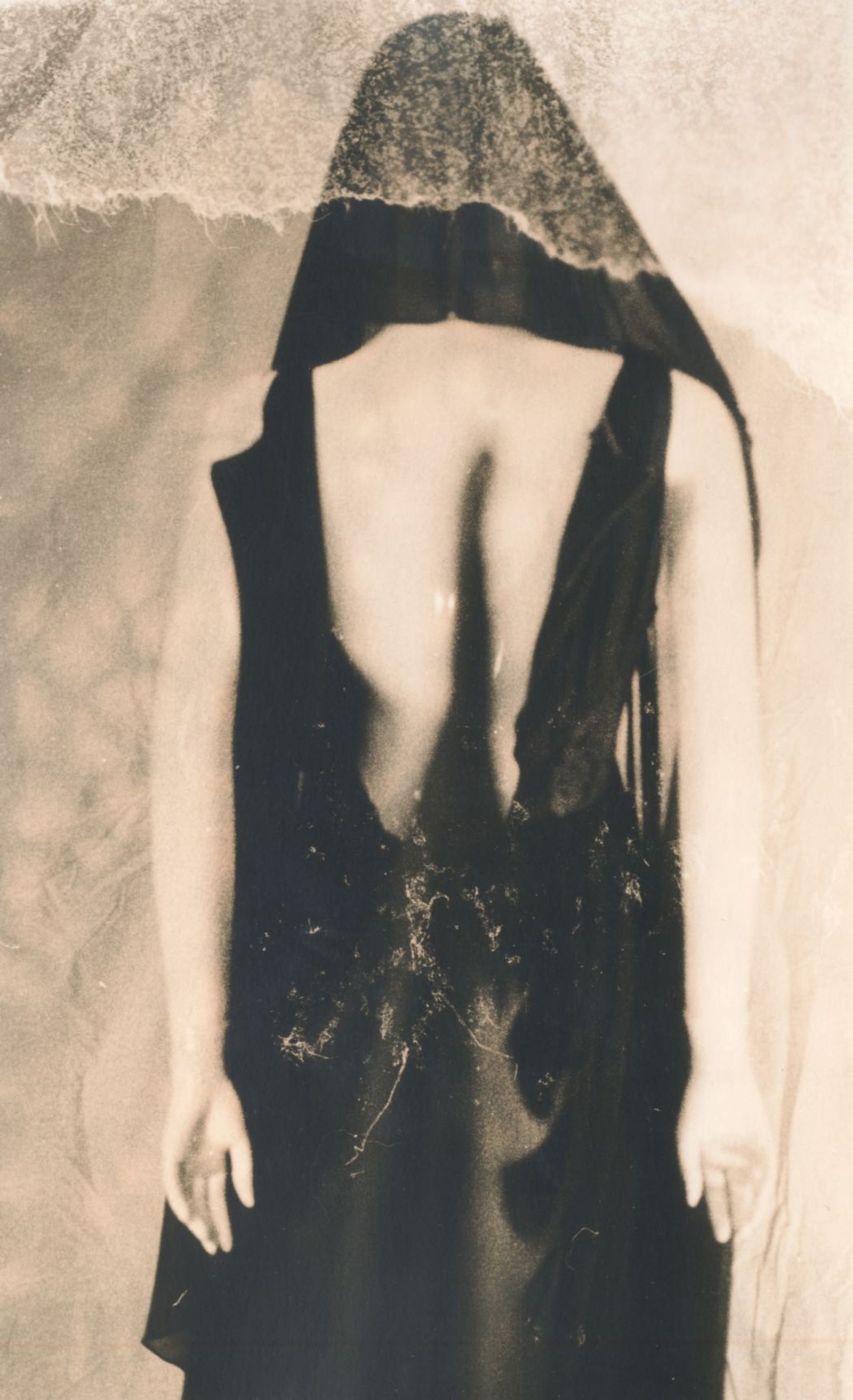 © Jo Stapleton - Evening dress suspended with fishing wire on Mannequin 3 (Lith print with tissue paper photogram)