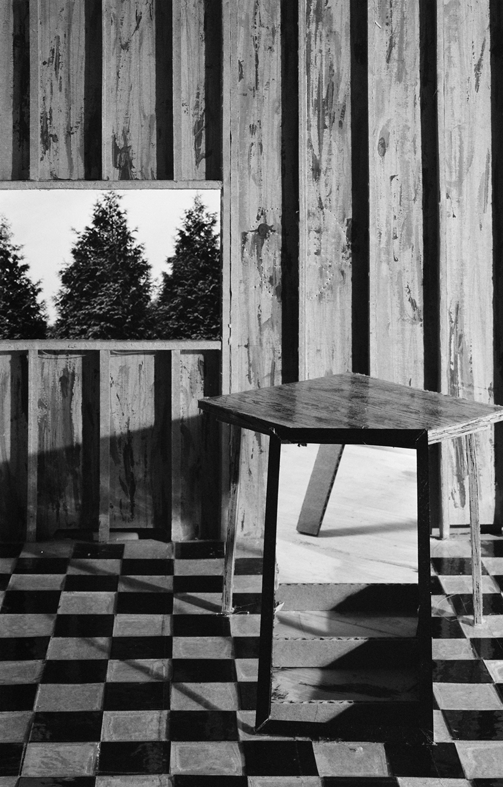 © Robin Crookall - Mirror and Table, Gelatin silver print, 15 x 22 inches. Photograph of constructed cardboard diorama.