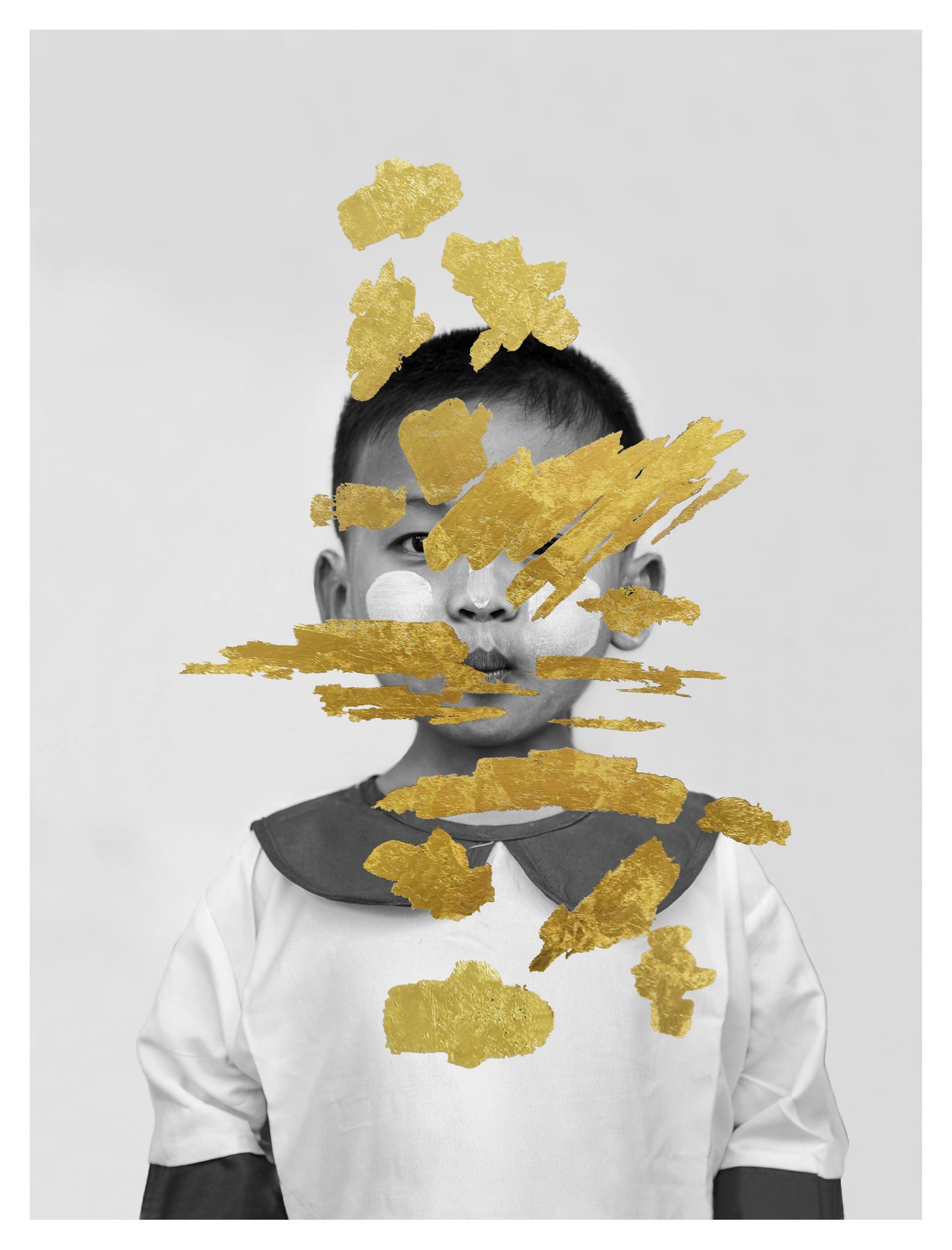 © andrea alkalay - Kutho / Monk boy ( portrait of a monk school boy from Mandalay with her face painted with Thanaka paste.Gold intervention )