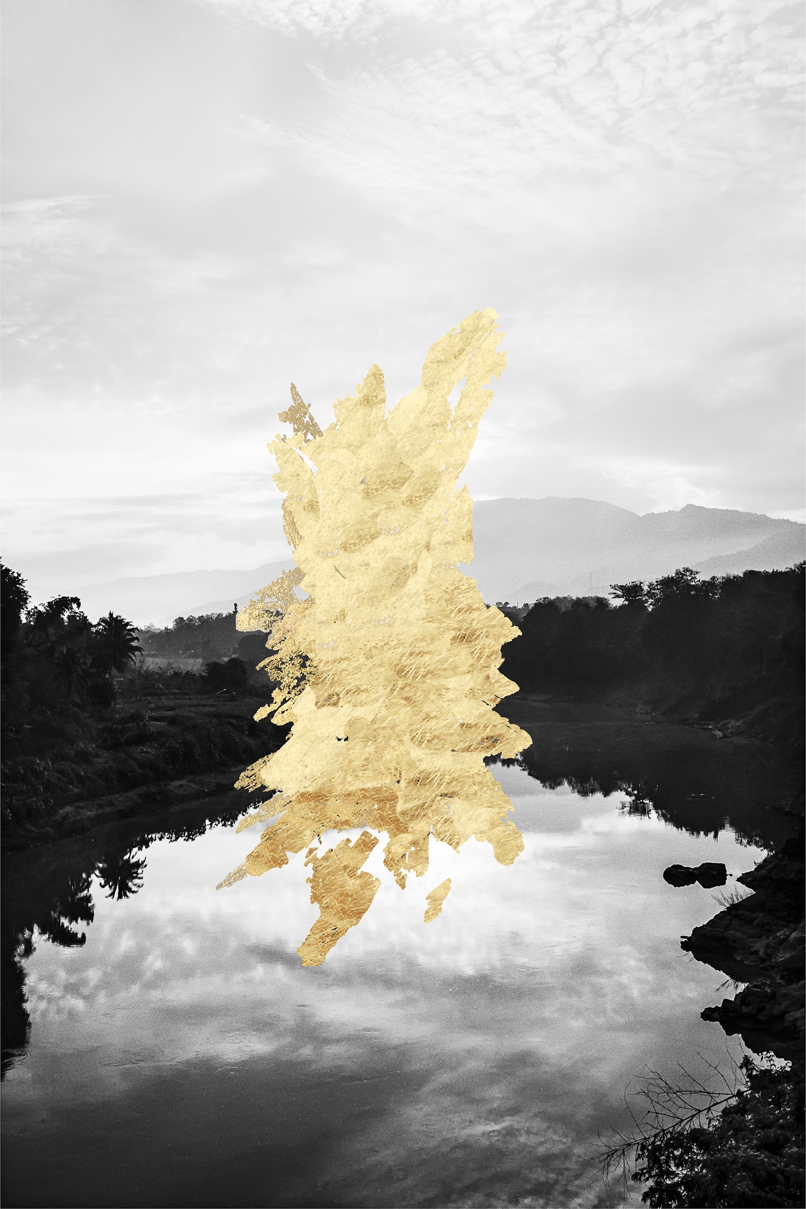 © andrea alkalay - Kutho / Landscape I (Landscape of Laos , mountains , river, skye. Gold intervention )