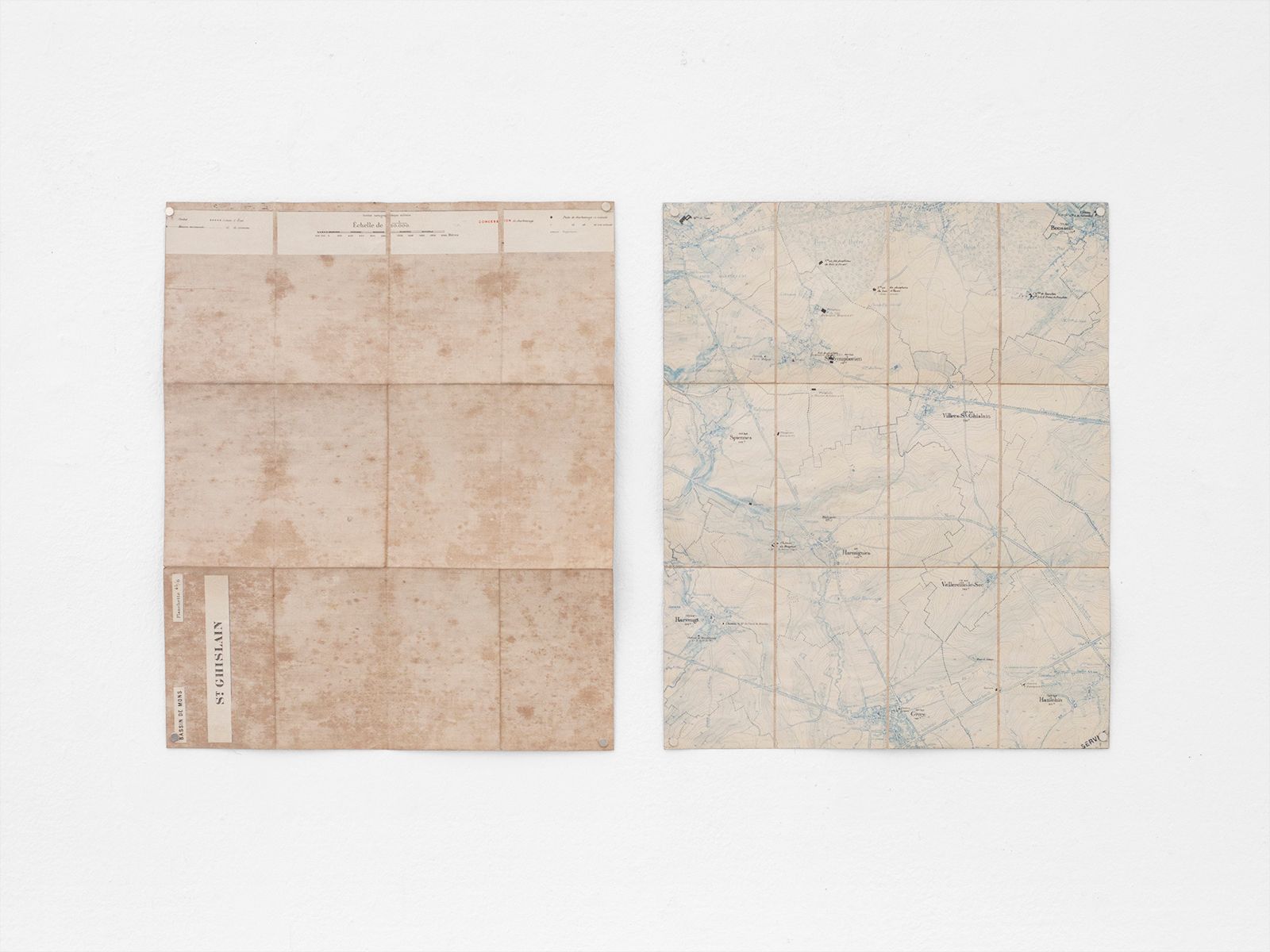 © Esther Hovers - Structures, 2016 - Ongoing 50 x 40 cm / 19.7 x 15.7 in. Found maps of Belgium, date unknown, paper glued on linen.