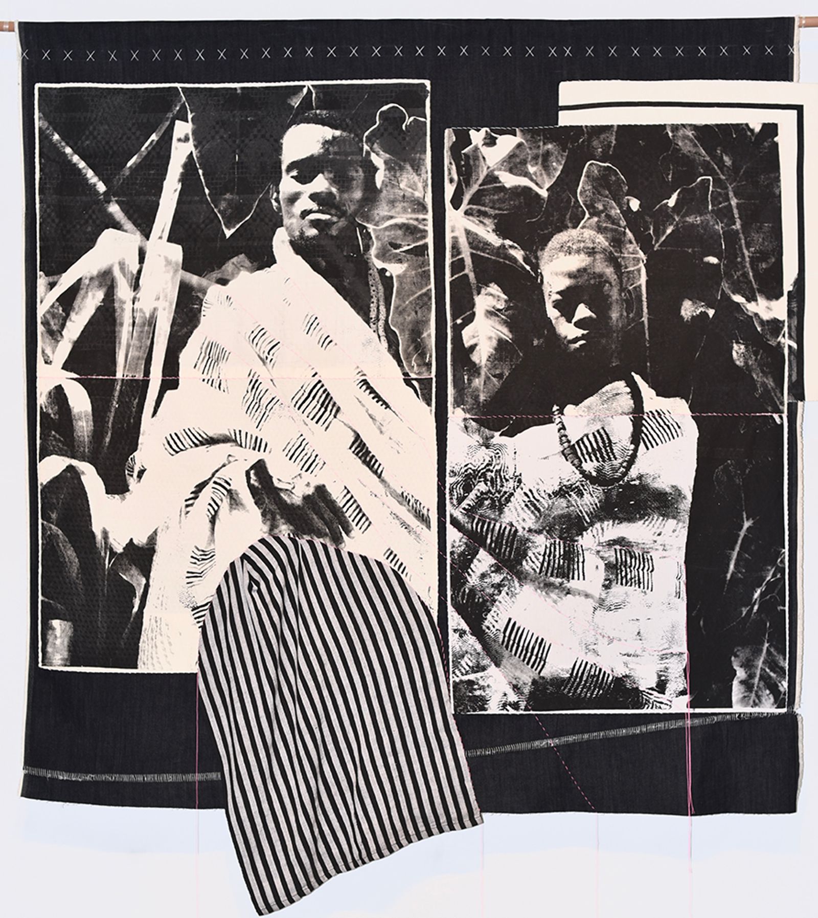 © Zohra Opoku - Kwame & Max, Screenprint on textile, Thread, Vintage Kente Cloth, Denim