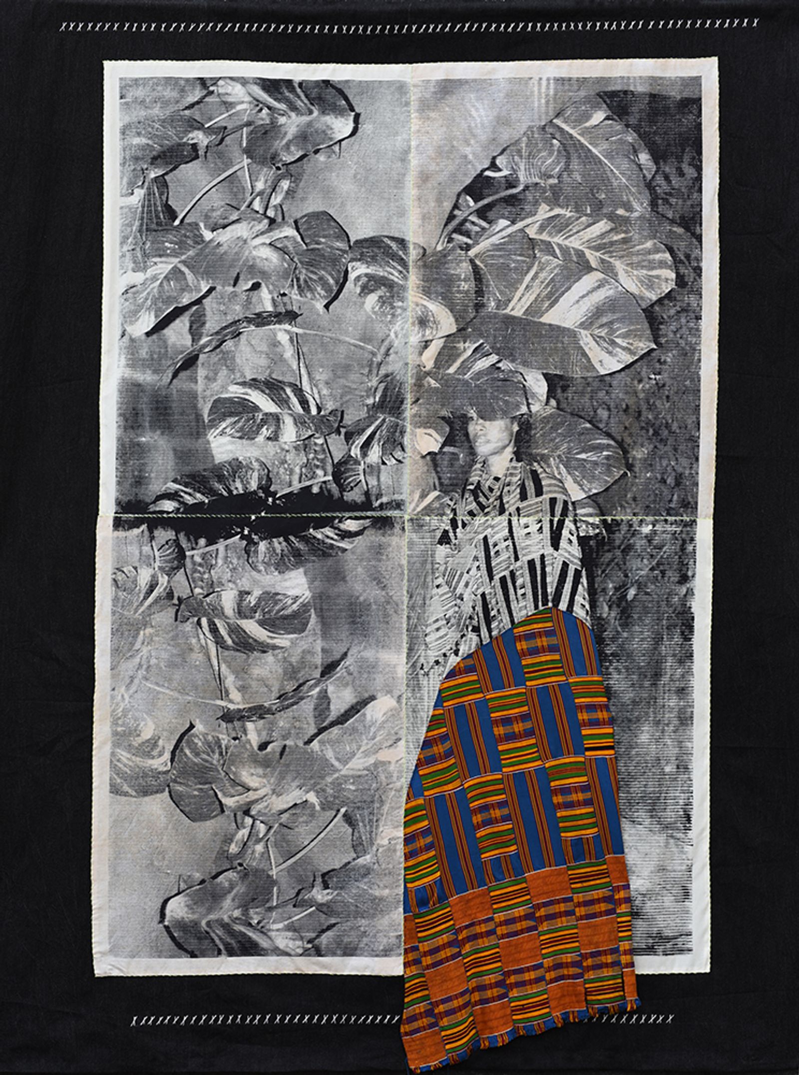 © Zohra Opoku - One Of Me I, Screenprint on textile, Thread, Denim, Application-Vintage Kente