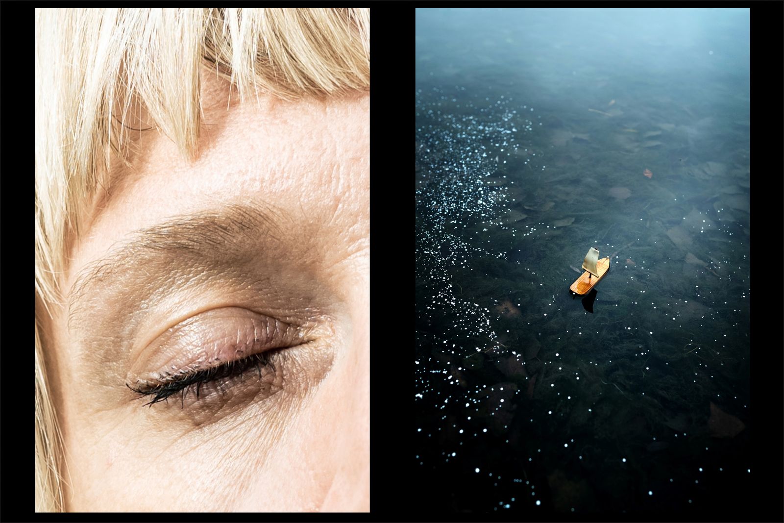 © Anne Ackermann - Diptych of my closed eye and a wooden boat hand made by my father. 2020