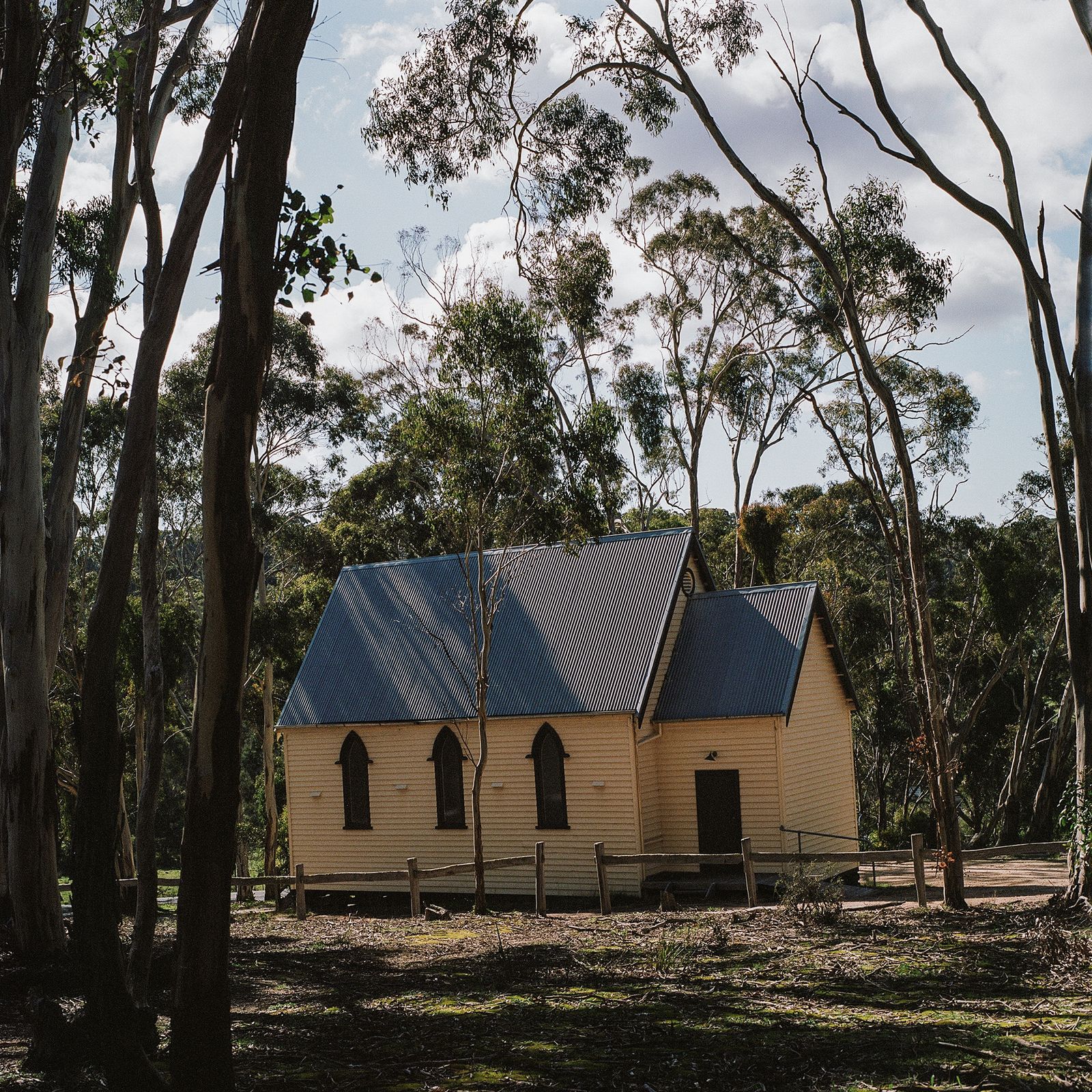 © Erin Lee - Colonialist church situated within a native eucalyptus forest. Steiglitz, Victoria.