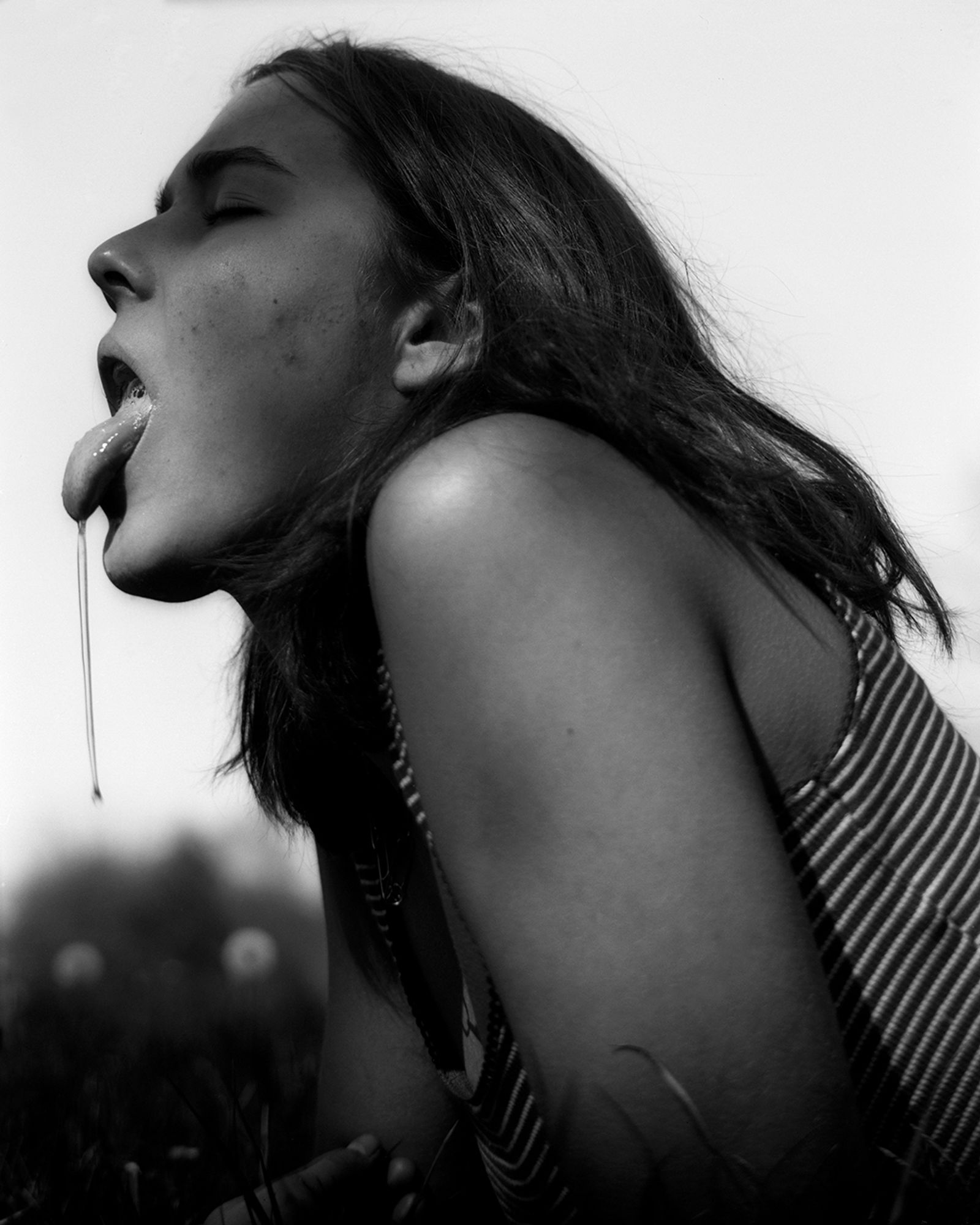 © Jillian Freyer - Lily with her tongue out, saliva dangling, laying in the backyard.