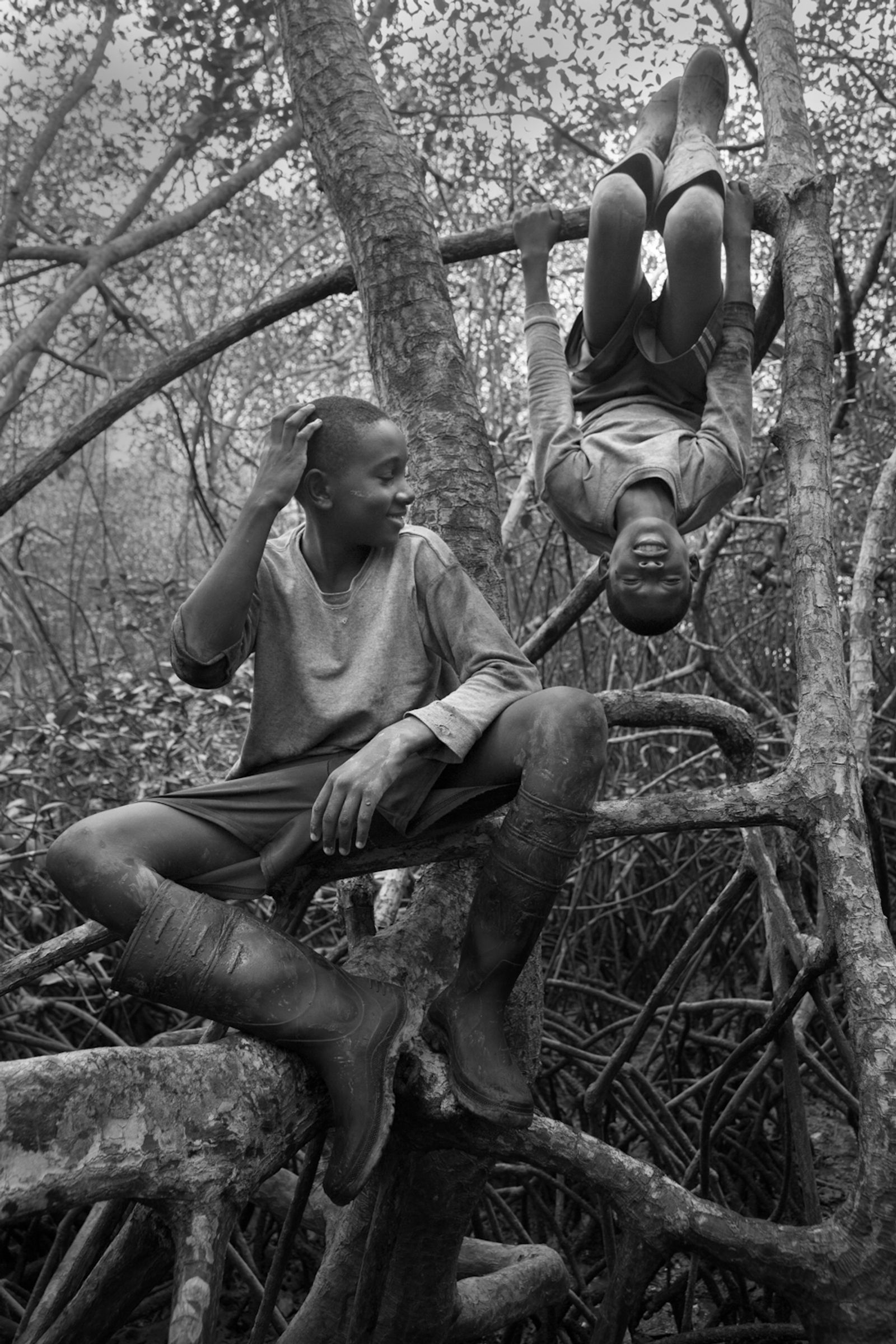 © Felipe Jacome - Cesar and Olger goof around on the roots of the mangrove. Cayapas Mataje Reserve. 2013