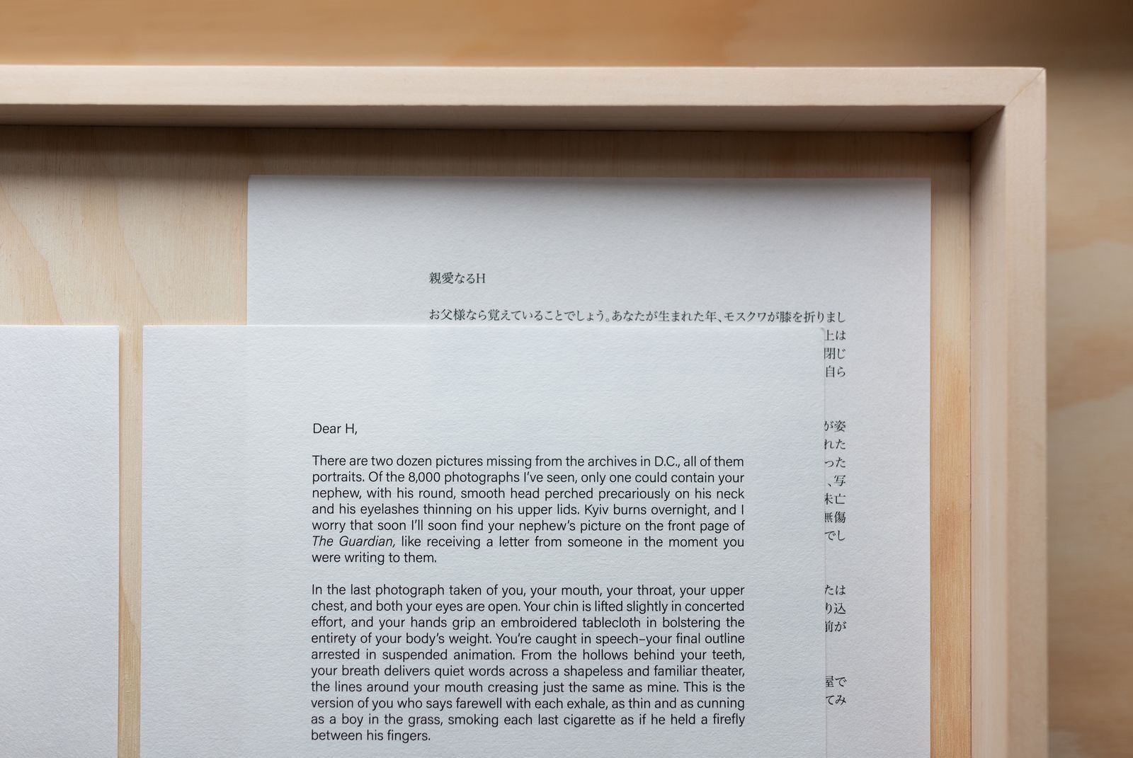 © Allie Tsubota - Dead Letter Room, detail view (2024). Original text on washi paper, custom basswood and pine frames.