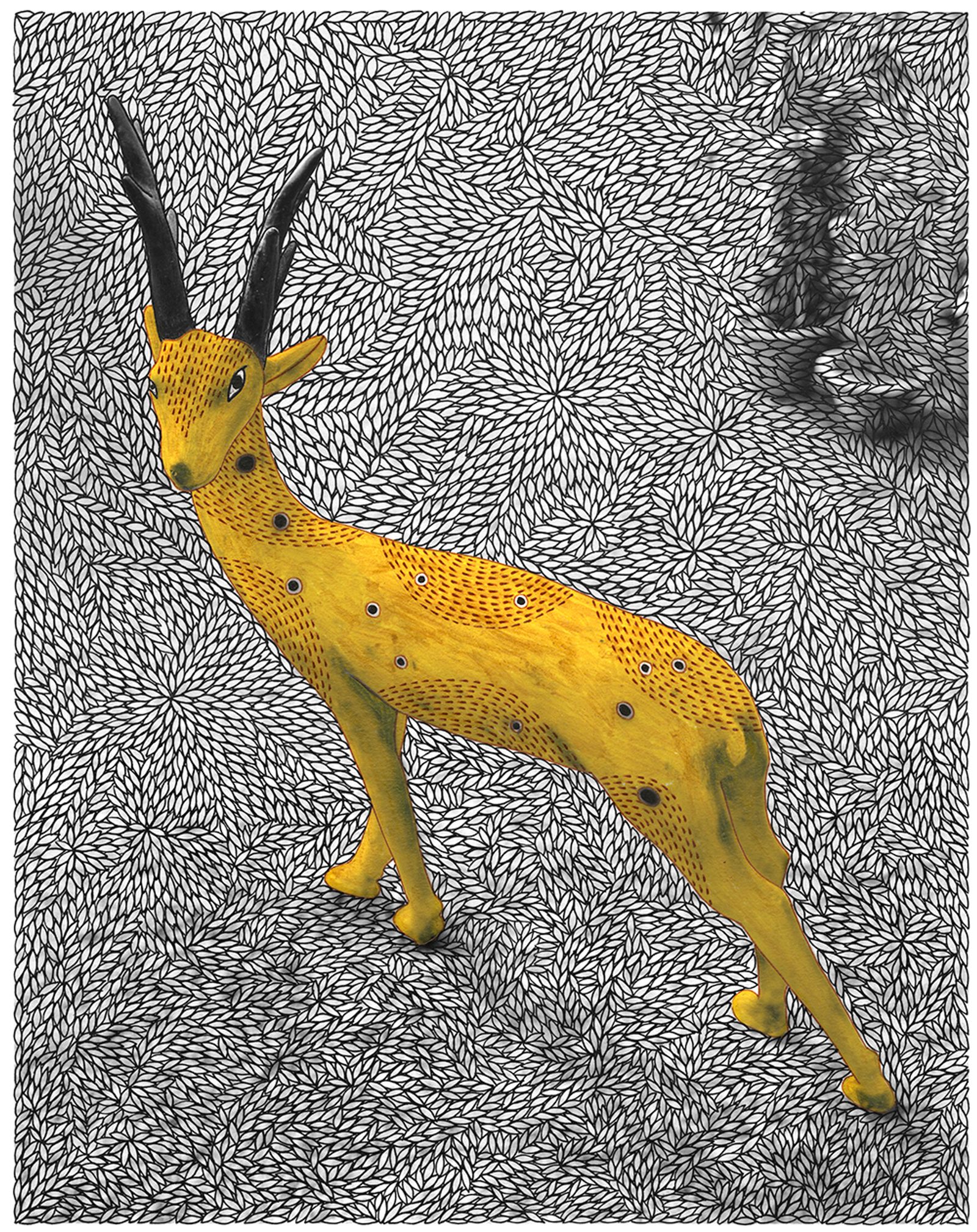 © Vasantha Yogananthan - The Golden Deer, Ayodhya, Uttar Pradesh, India, 2015 (Black and white inkjet print illustrated by Mahalaxmi & Shantanu Das)