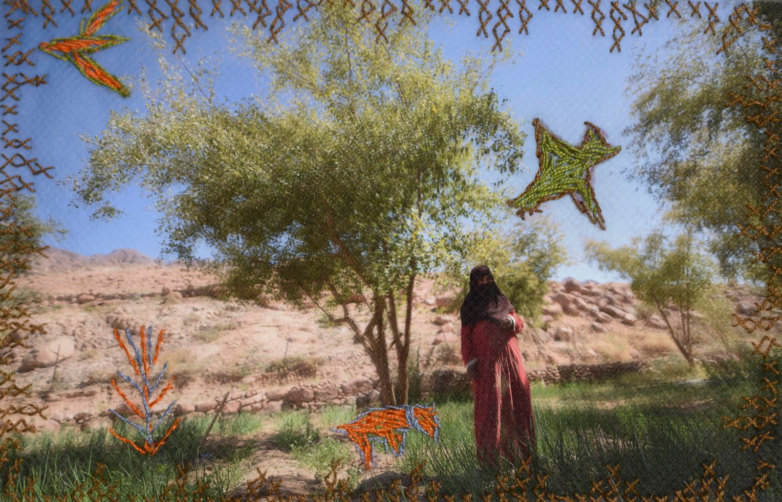 © Rehab Eldalil - Embroidered photograph of Hajja Oum Mohamed (53) in her garden in Gharba Valley. Embroidery by her.