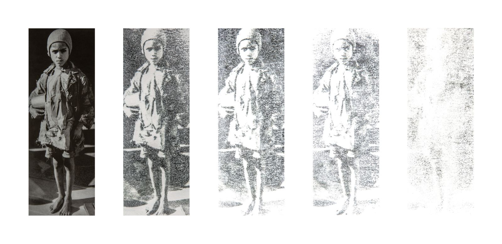 © Elena, Leonidas Kollatou, Toumpanos - Mixed media, photo etching, erasure process of archival image. Skeletal child from starvation, Athens, 1941.