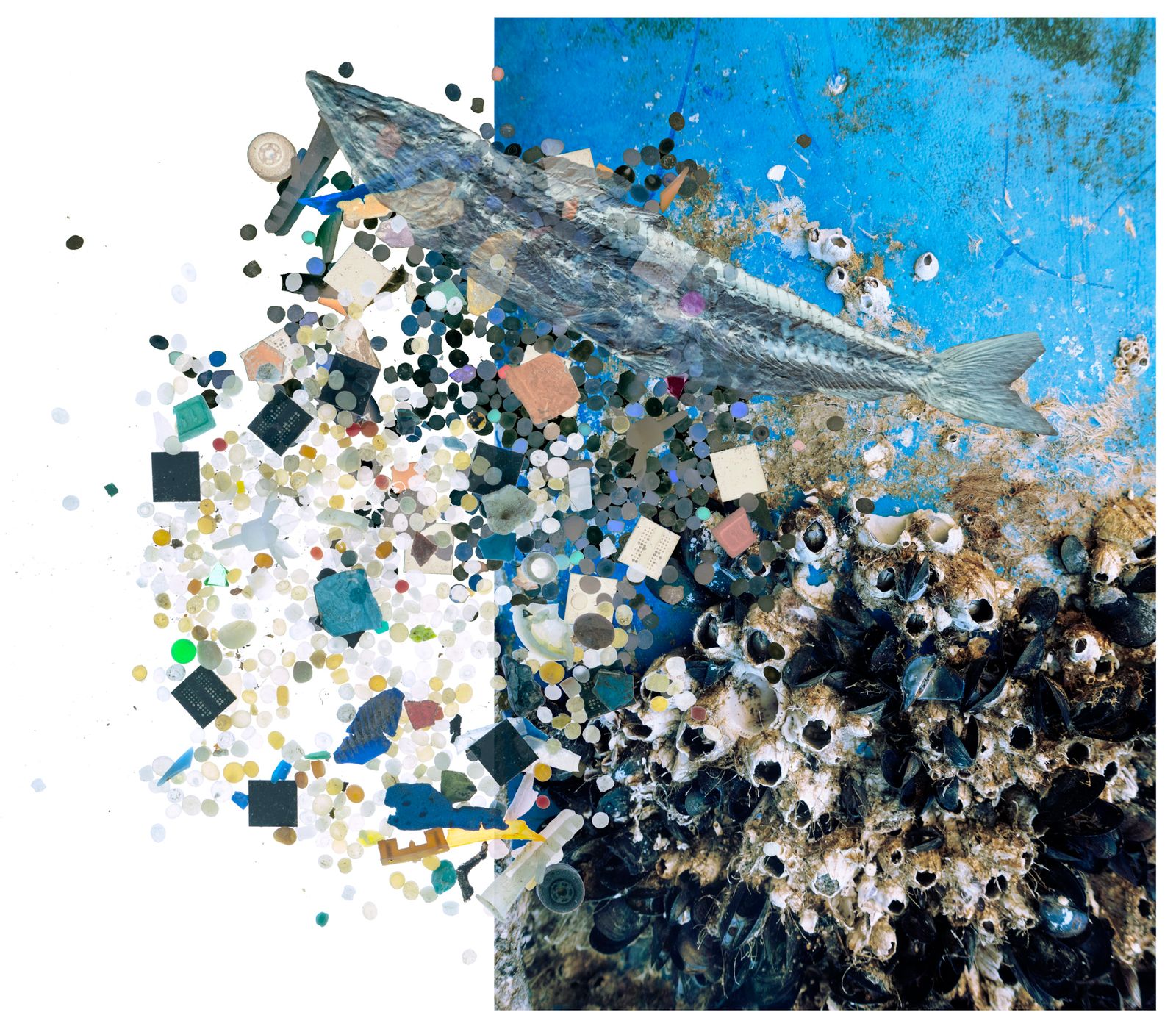 © Florence Iff - microplastic, fish-petrification, mussels on plastic barrel