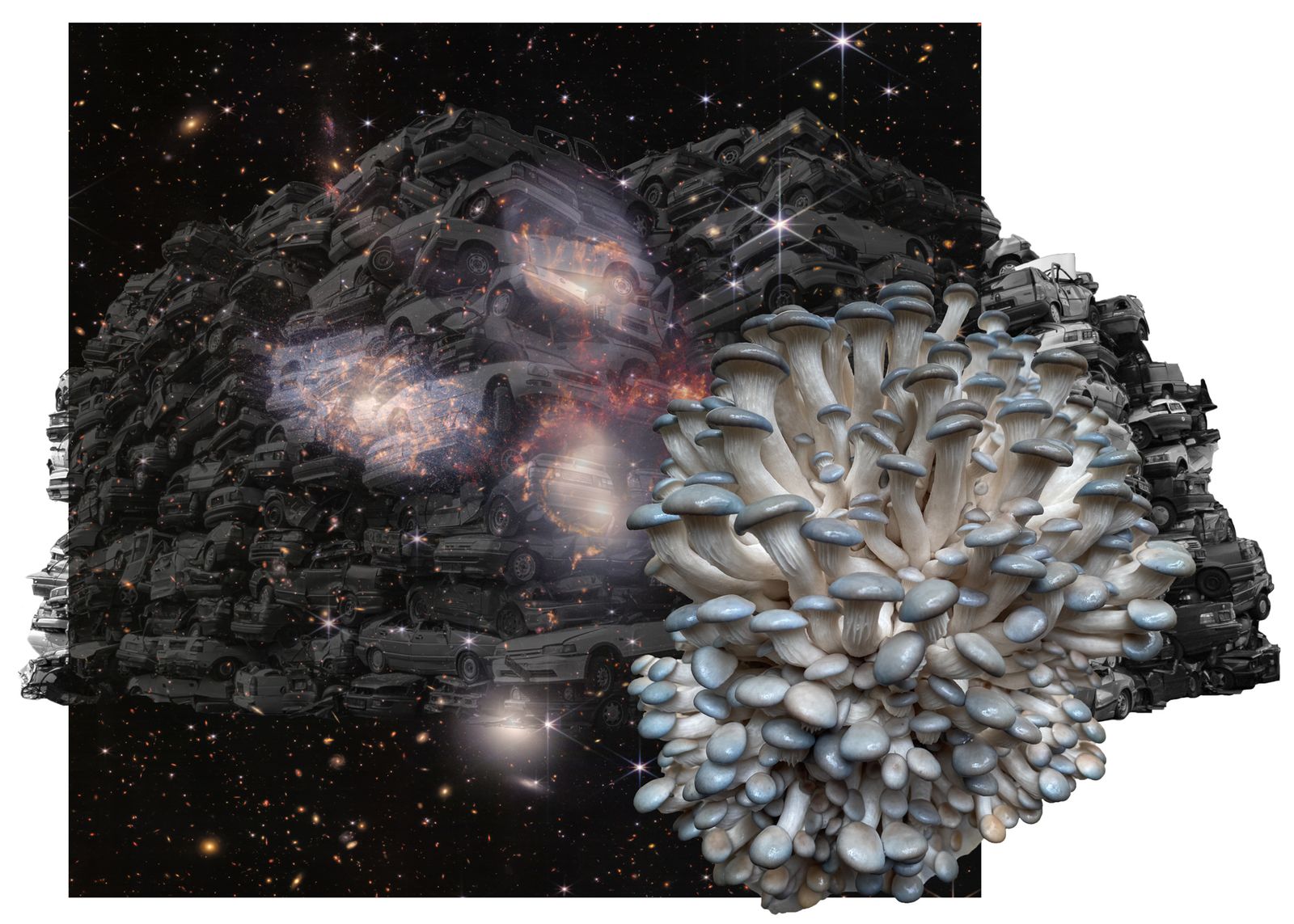 © Florence Iff - biodiversity, heap of cars, mushrooms, James-Webb picture of the universe