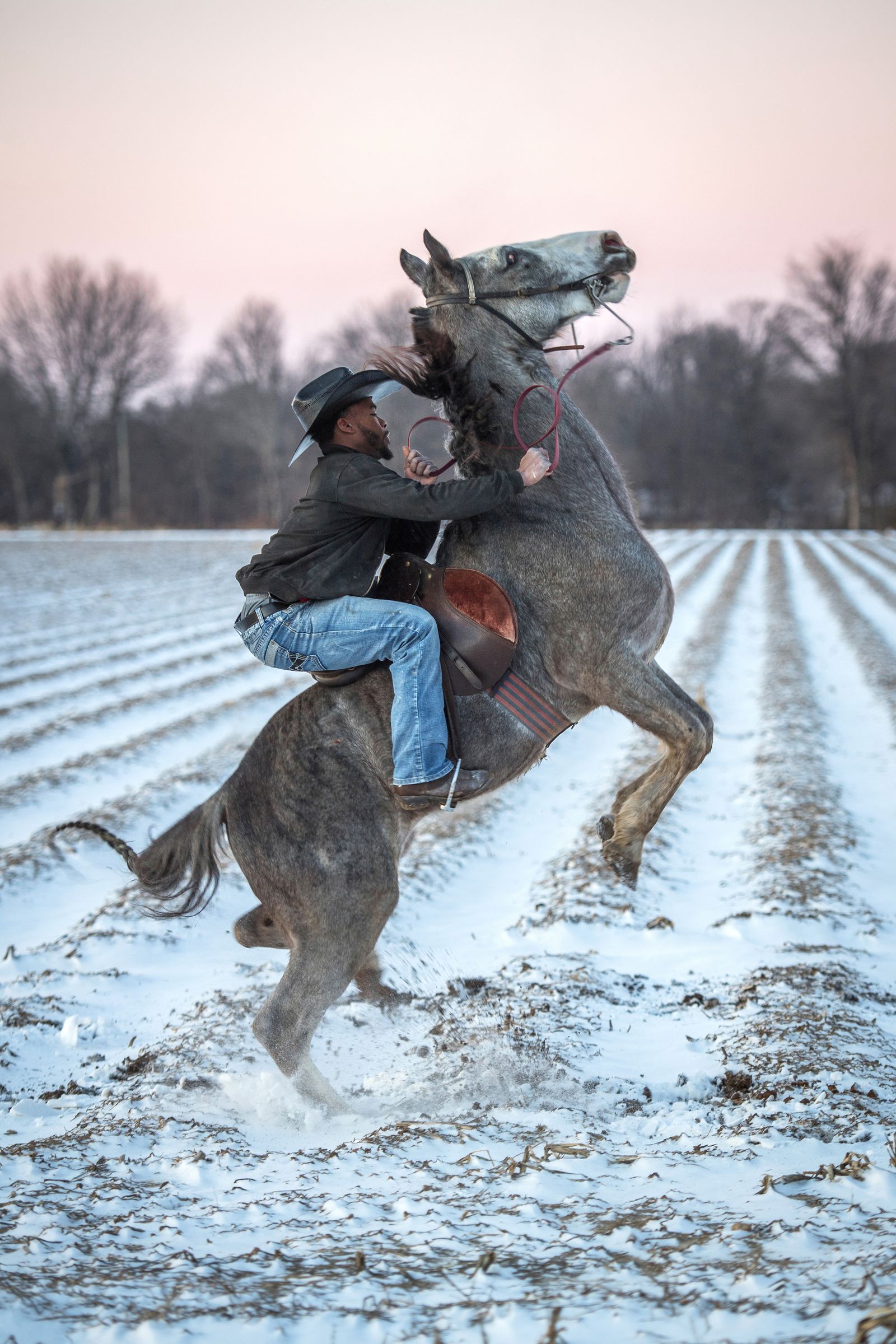 © Rory Doyle - Gee McGee rears his horse after a rare snowfall in Bolivar County, Mississippi on Jan. 16, 2018.
