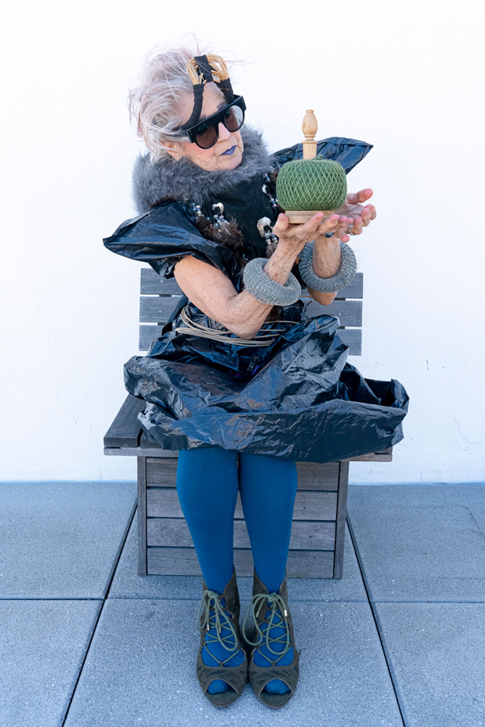 © Natalia L Rudychev - Meditation. Garbage Bag Little Black Dress, repurposed dish washing wire bracelet ,recycled head piece by Debra Rapoport.