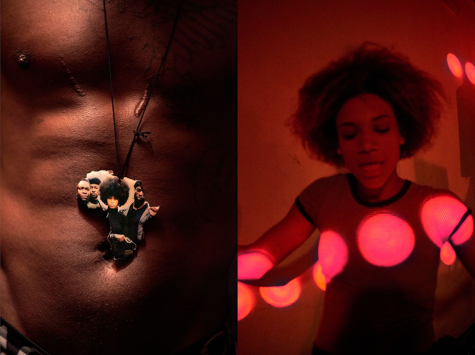 © Johanna Alarcón - 01. Black panther necklace on an African map. Quito 2019 02. A girl dances at a dancehall party. Quito 2019