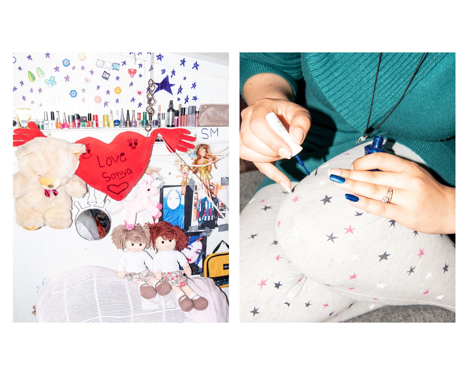 © Charlotte Schmitz - L: Sonya decorated the wall with her make up and soft toys. R: Sonya (19) applying nail polish on her nails.