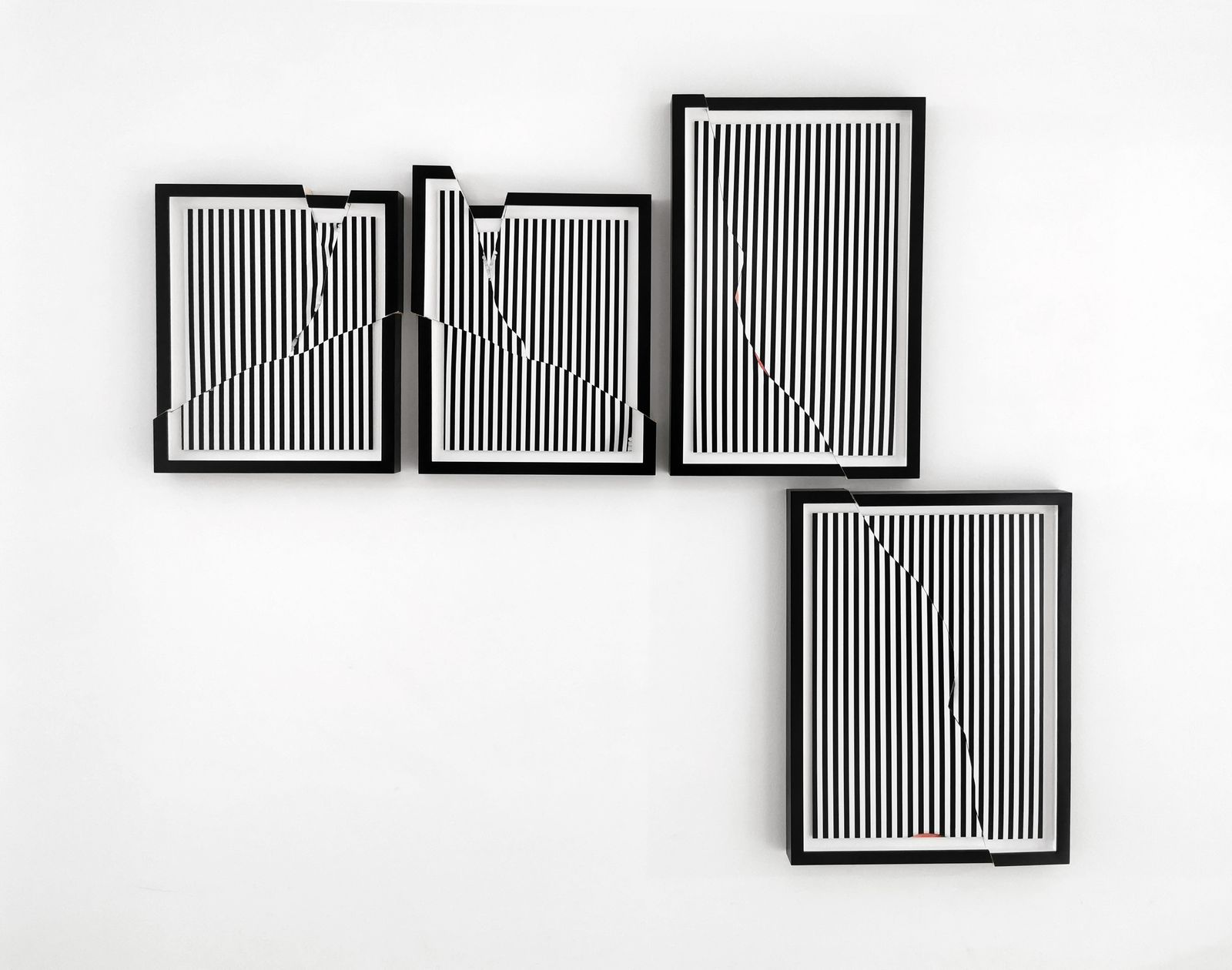 © Jonny Briggs - Gag i & Gag ii diptychs (my mouth holding B&W stripes) aluminium mounted photos, in cut wood frames, as if shattered