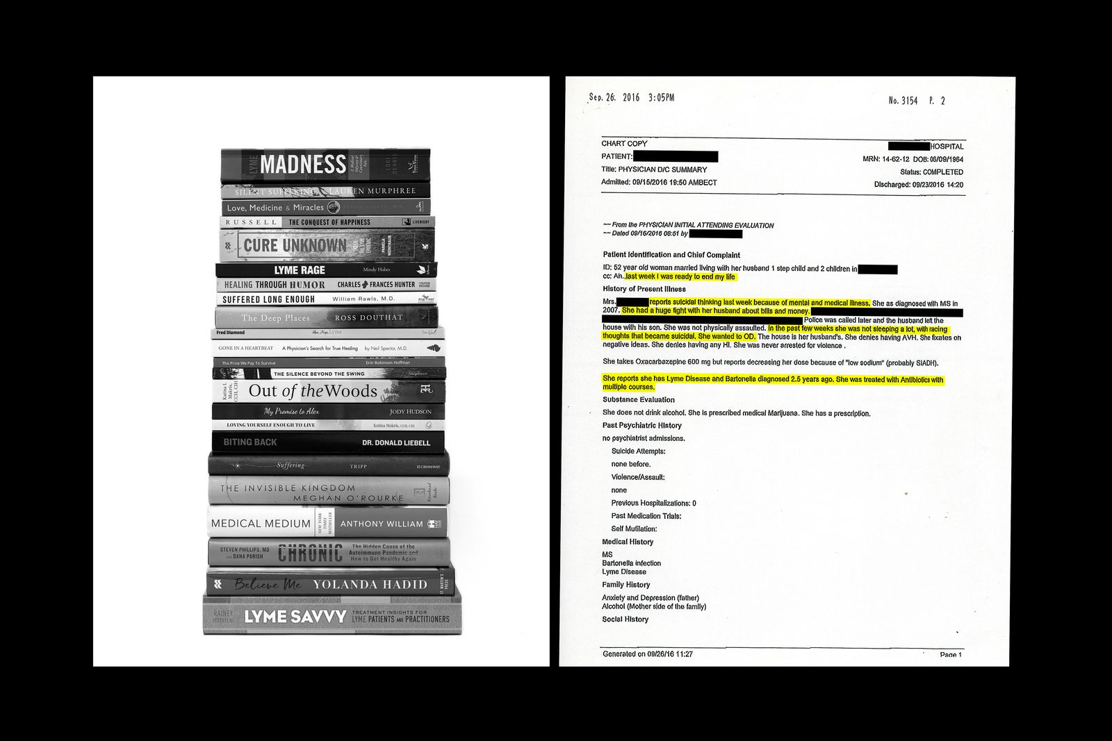 © jiatong lu - Sue's collection of books related to Lyme disease and her medical report.